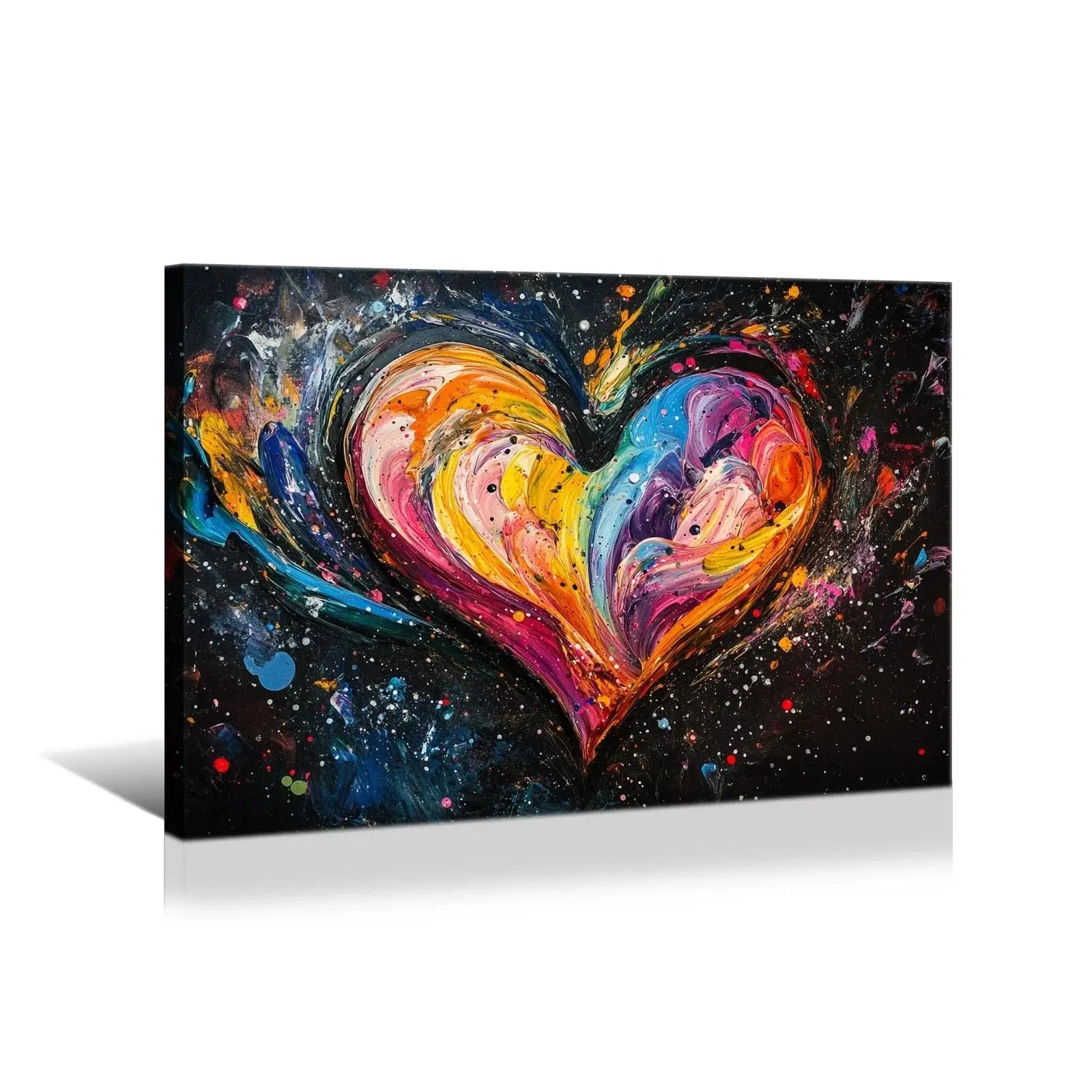 Colorful abstract art prints featuring a vibrant heart shape with swirling paint on black background