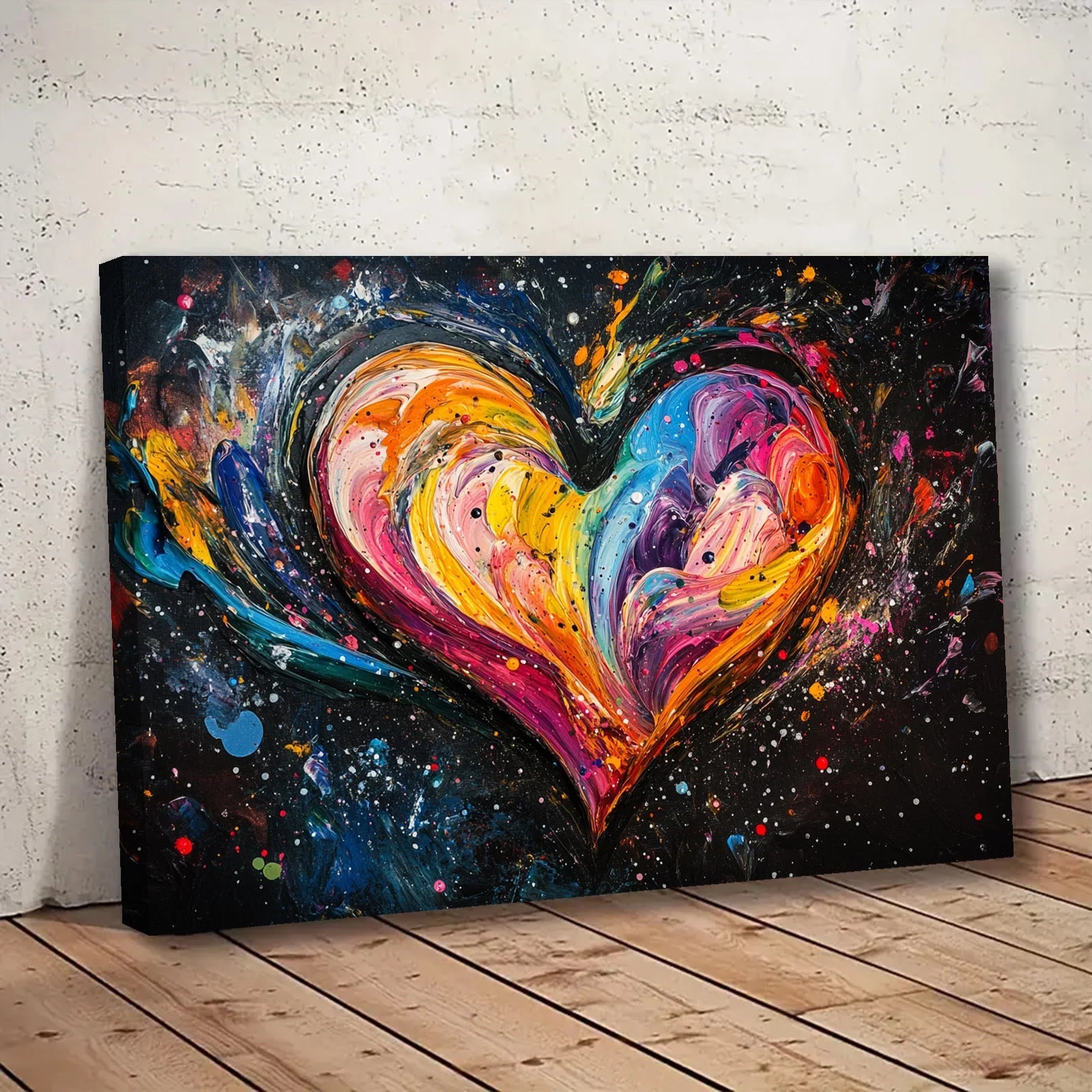 AI generated colorful heart art painting with vibrant swirling colors on black background