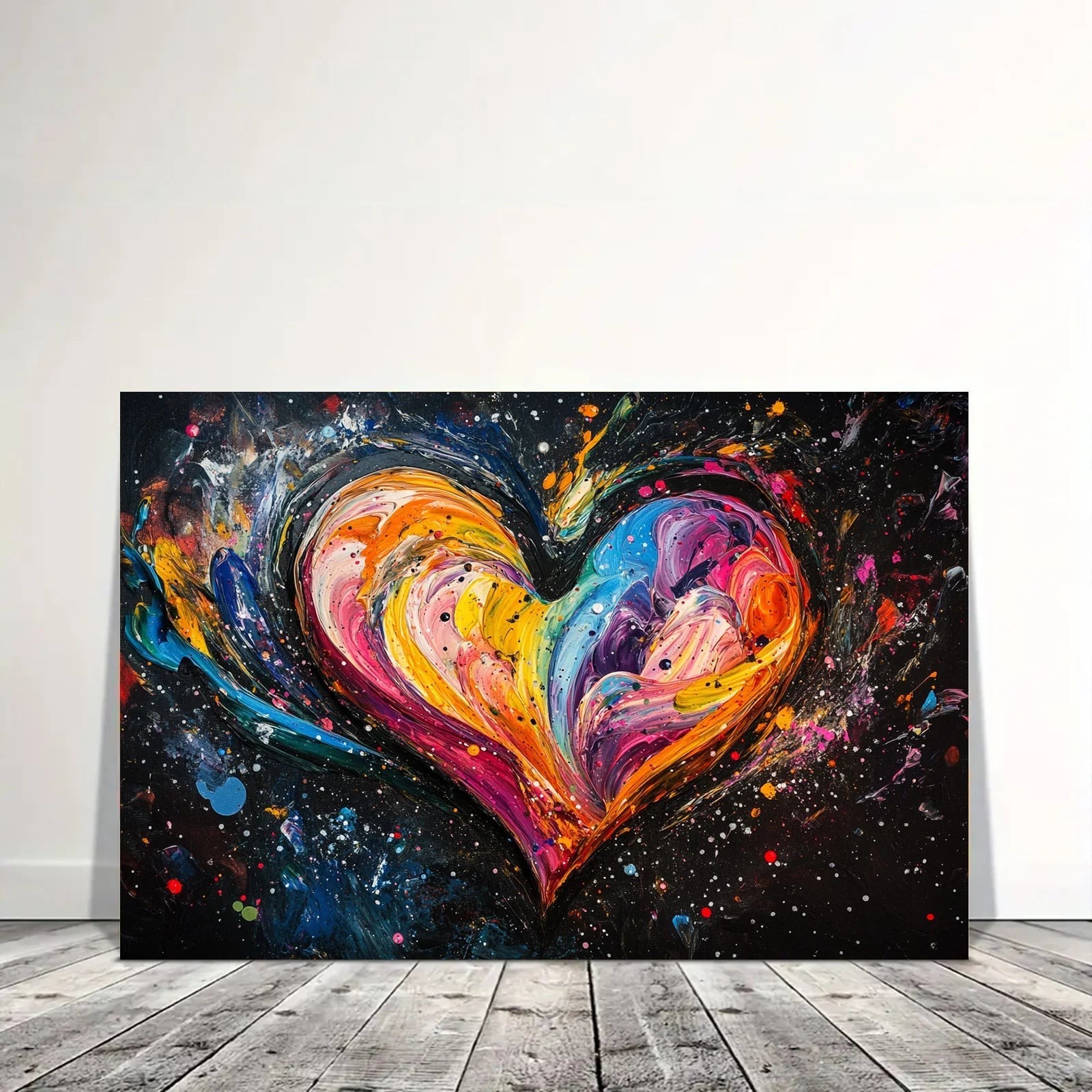 AI generated colorful heart art with vibrant swirling paint on dark background displayed on floor