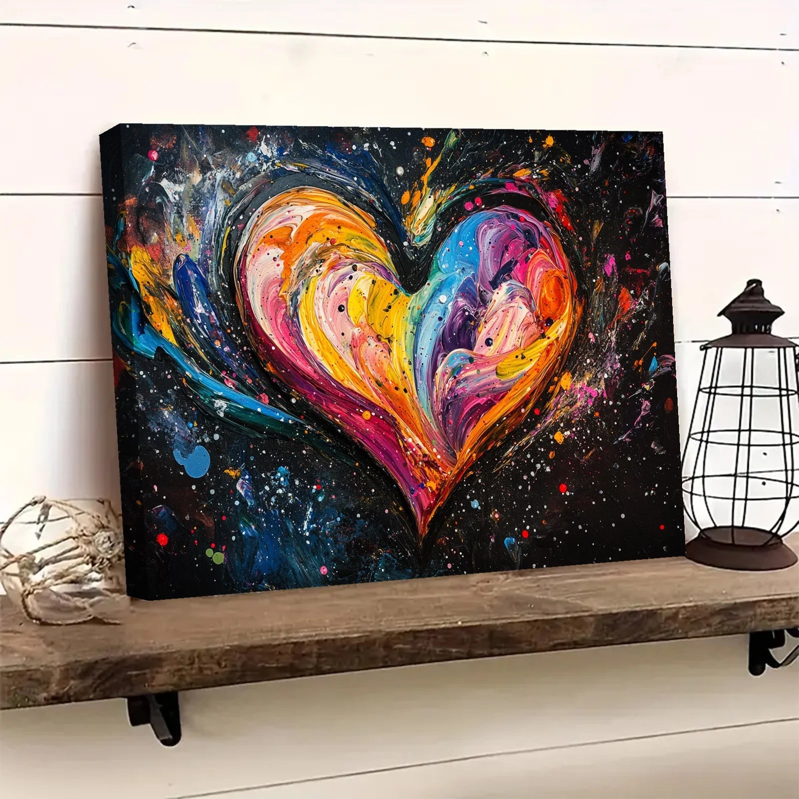 AI generated colorful heart art displayed on wooden shelf with dark background and vibrant multicolor paint splashes