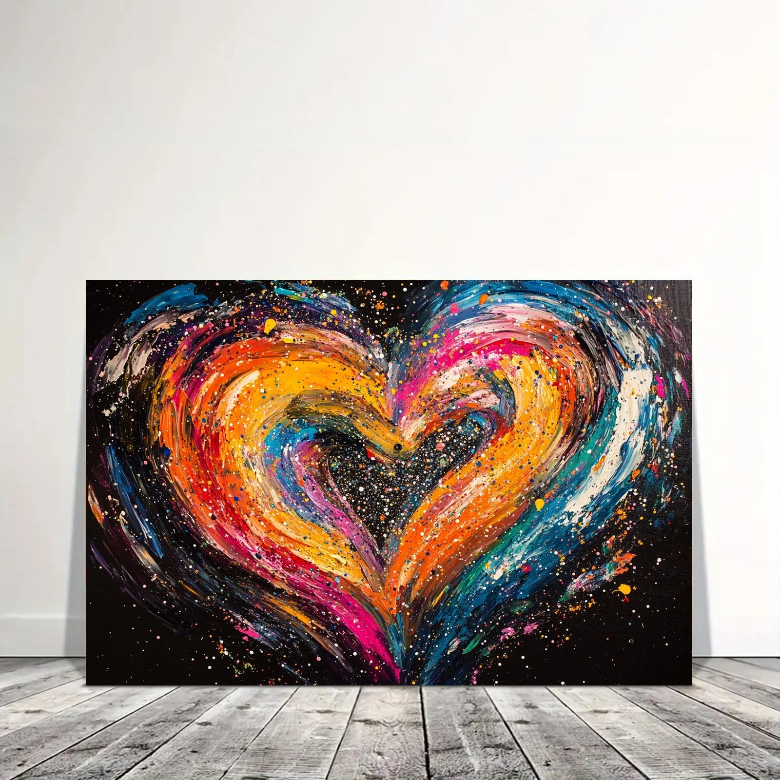 Colorful AI generated heart artwork with vibrant splashes of orange, pink, blue, and yellow on black background