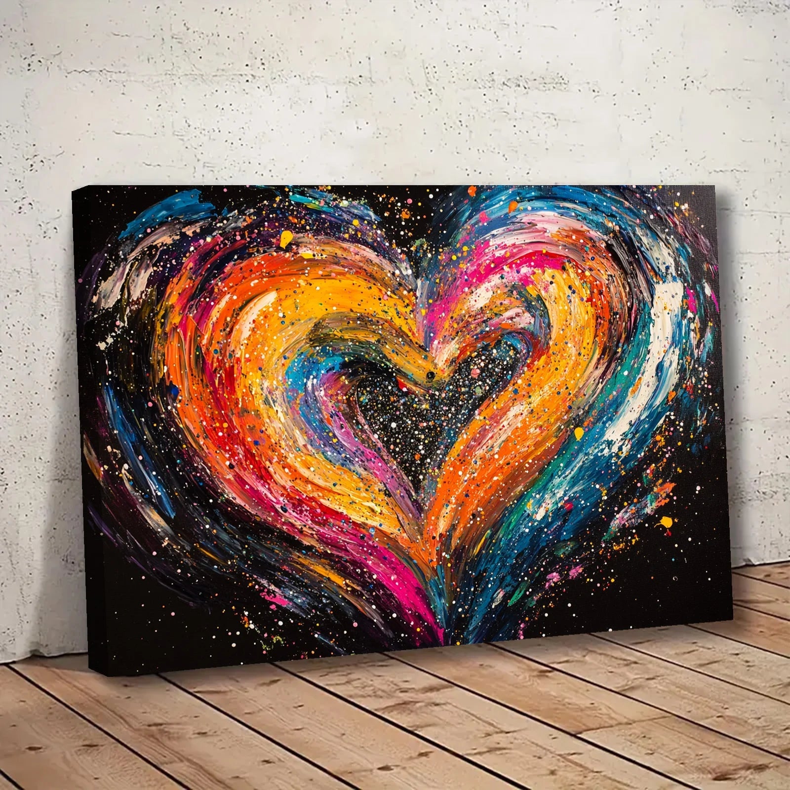 Colorful AI generated heart artwork with vibrant swirls of orange, pink, blue, and yellow on black background