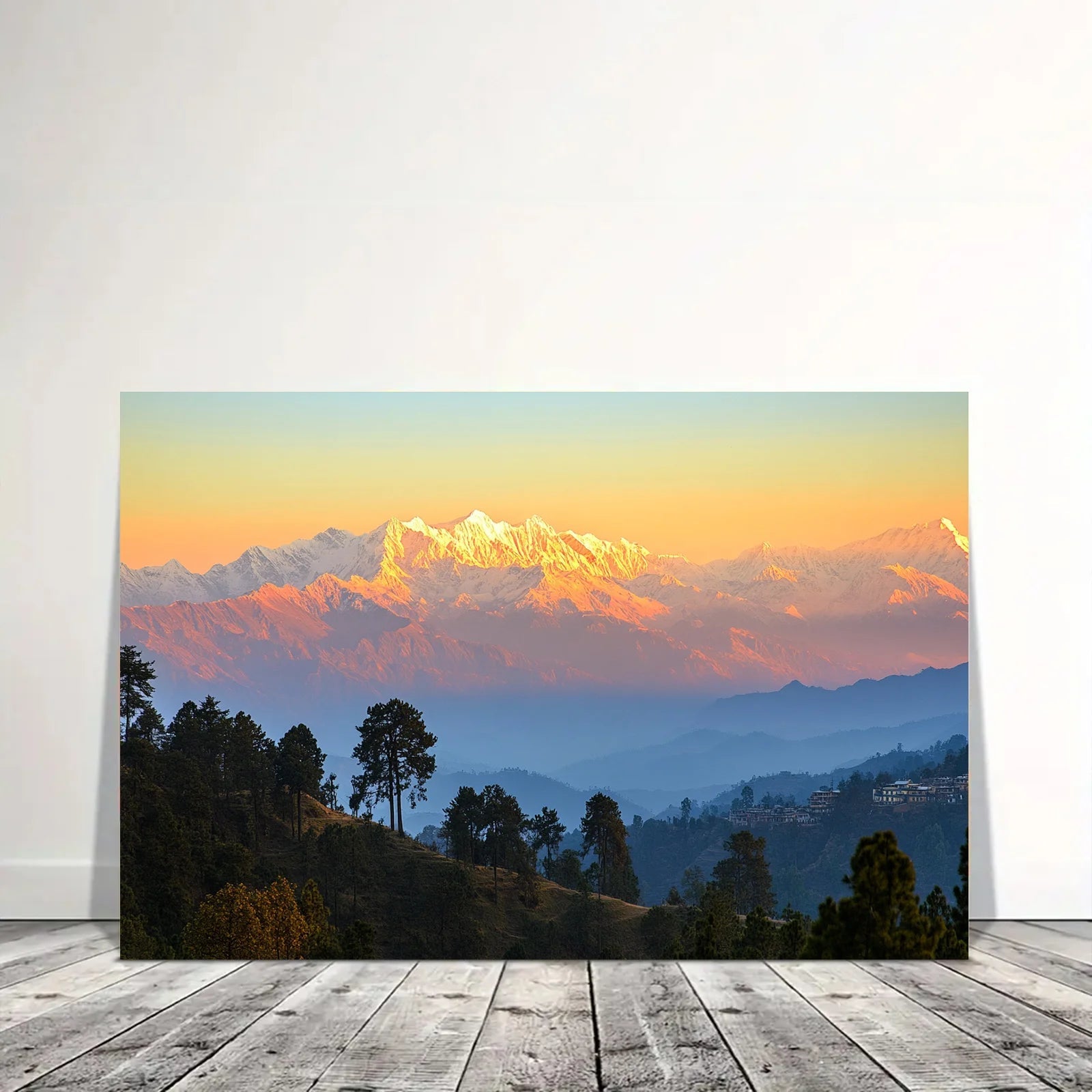 AI generated mountain sunrise wall art featuring golden light over snow-capped peaks and forested hills
