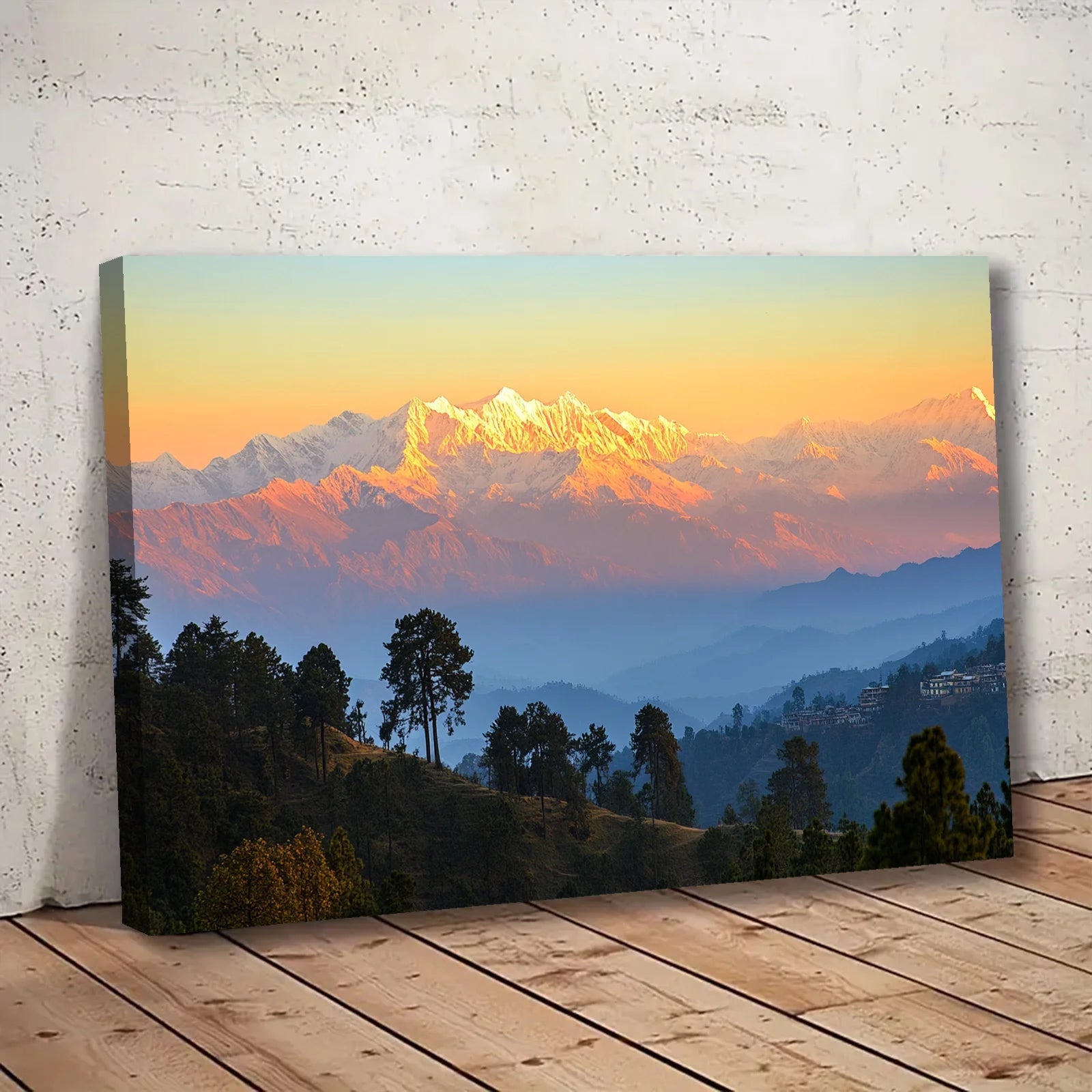 AI generated mountain sunrise wall art showing glowing peaks and forested hills at dawn