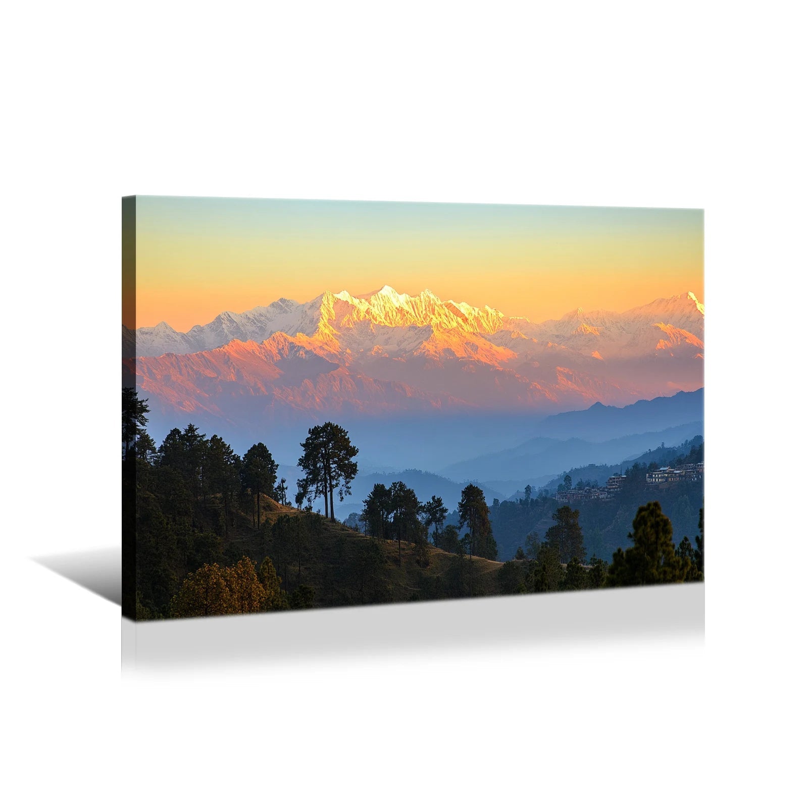 AI generated mountain sunrise wall art depicting glowing peaks and forested hills at dawn