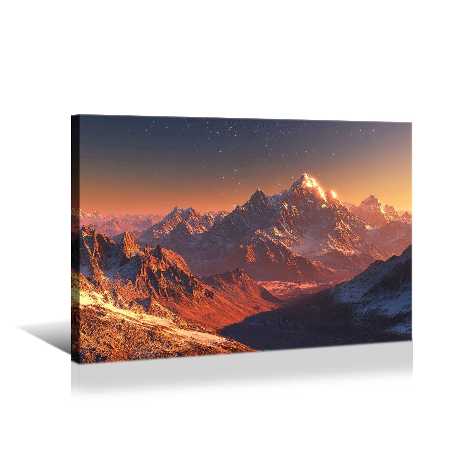 AI generated mountain sunset wall art featuring a vibrant glowing mountain range at dusk