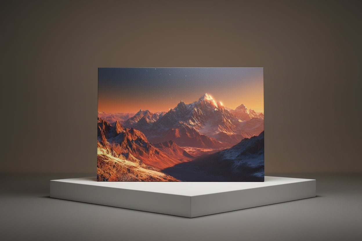 AI generated mountain sunset wall art featuring vibrant orange and purple mountain landscape on display