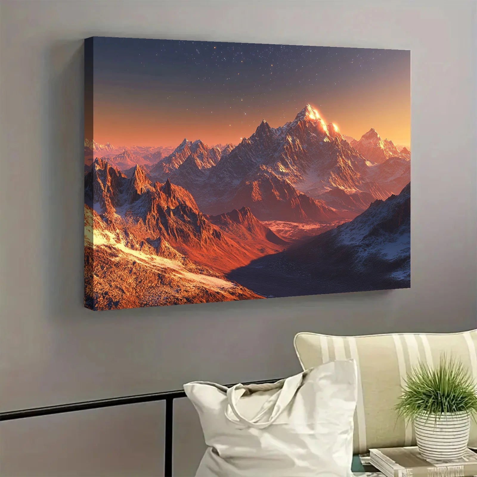 AI generated mountain sunset wall art showing glowing peaks and scenic valley in warm light