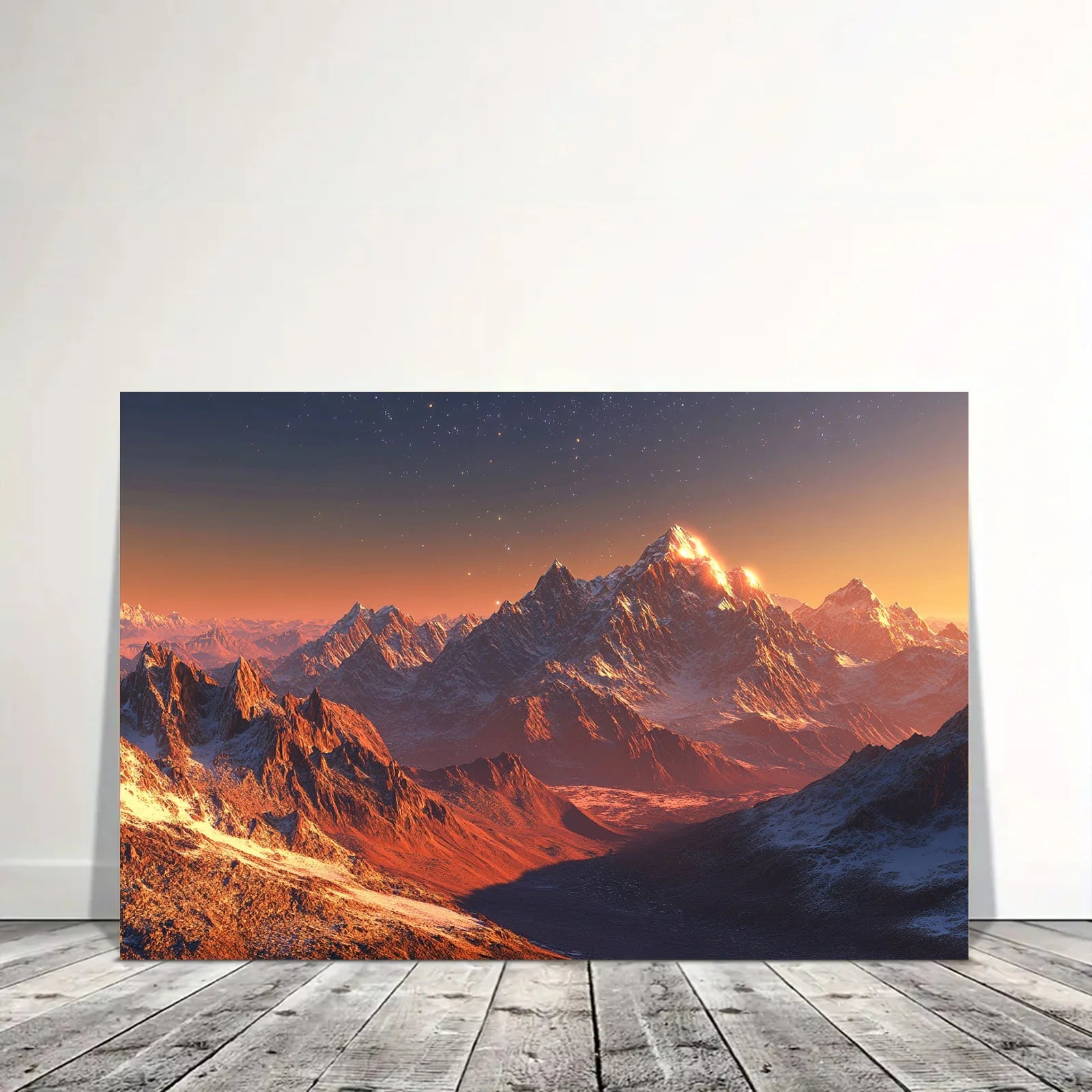 AI generated mountain sunset wall art showing glowing peaks and colorful sky on a wooden floor