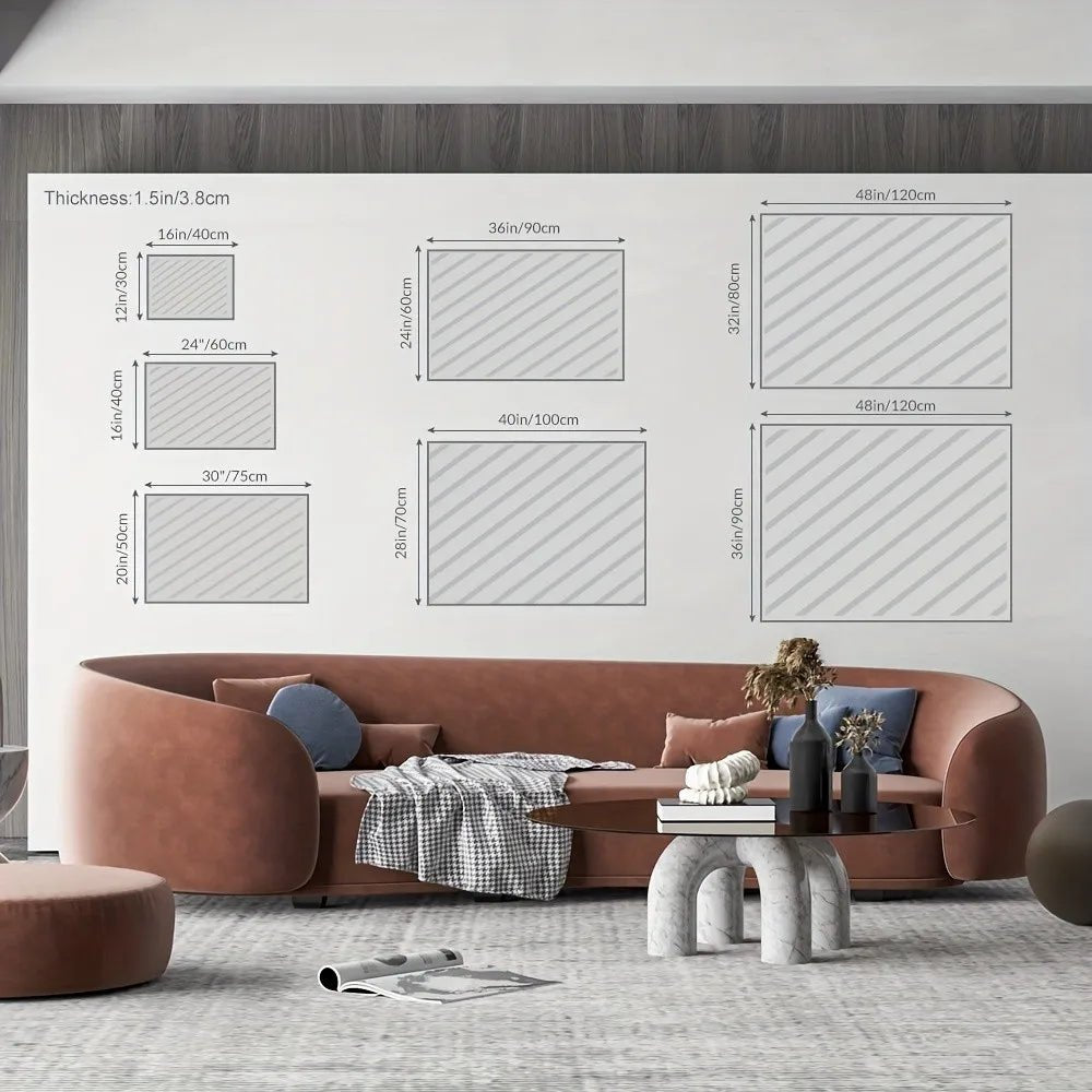 Modern living room with brown curved sofa and AI generated mountain sunset wall art size chart on wall