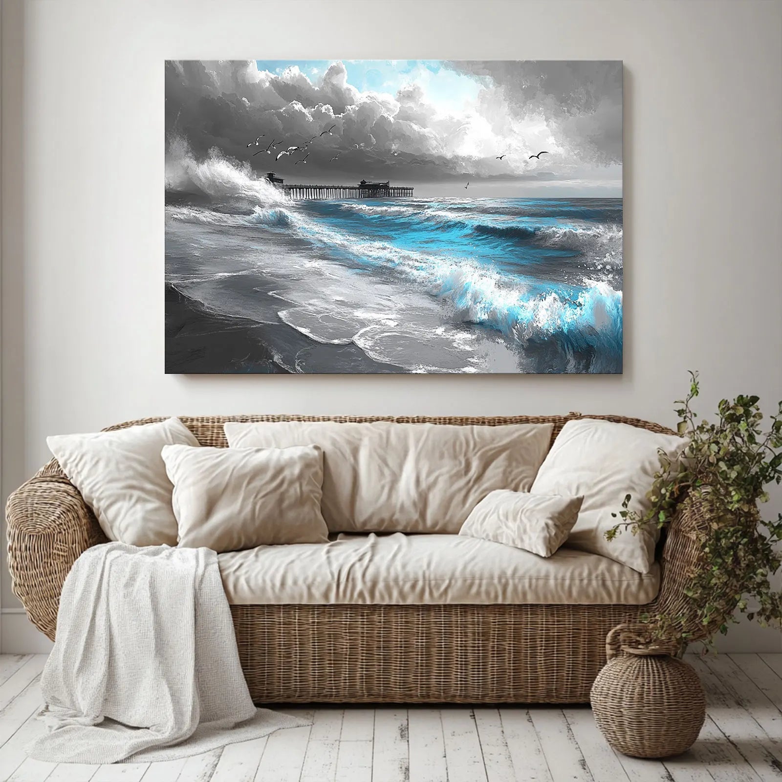 AI-generated ocean artwork of waves crashing near a pier with clouds and birds above in a living room