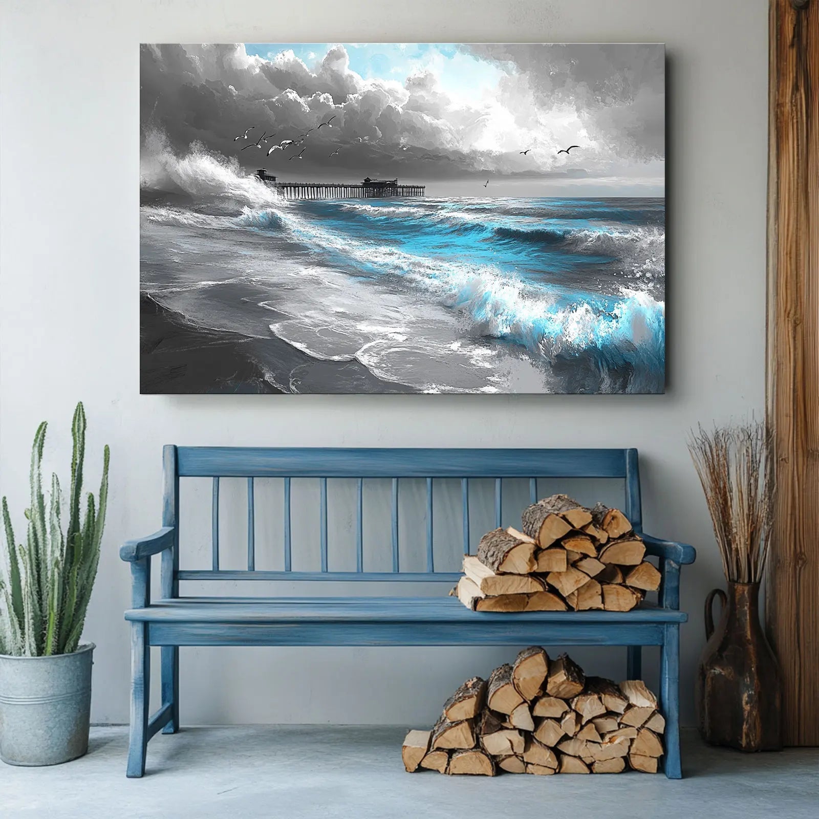 AI-generated ocean artwork in blue and gray tones hanging above blue bench with stacked firewood and plants