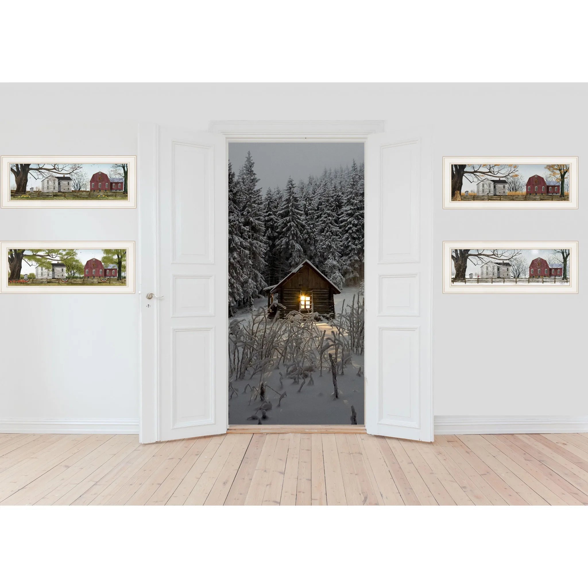 AI generated ranch wall art displayed as framed images and large snowy cabin scene in open doorway