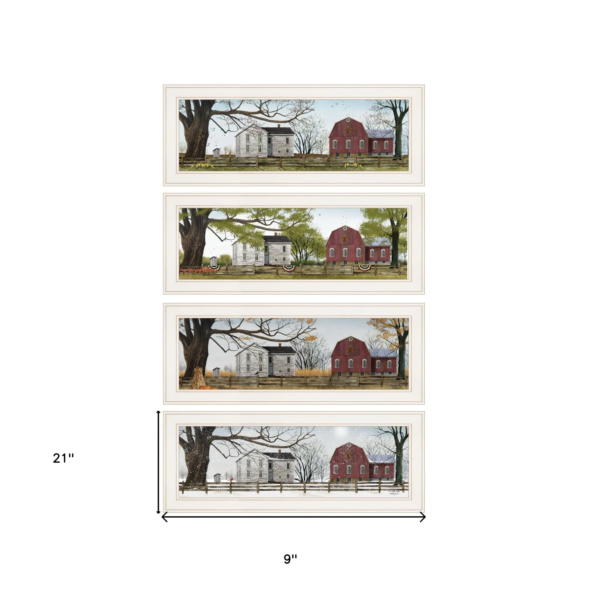 Set of four AI generated ranch wall art prints showing a rustic barn and farmhouse in different seasons