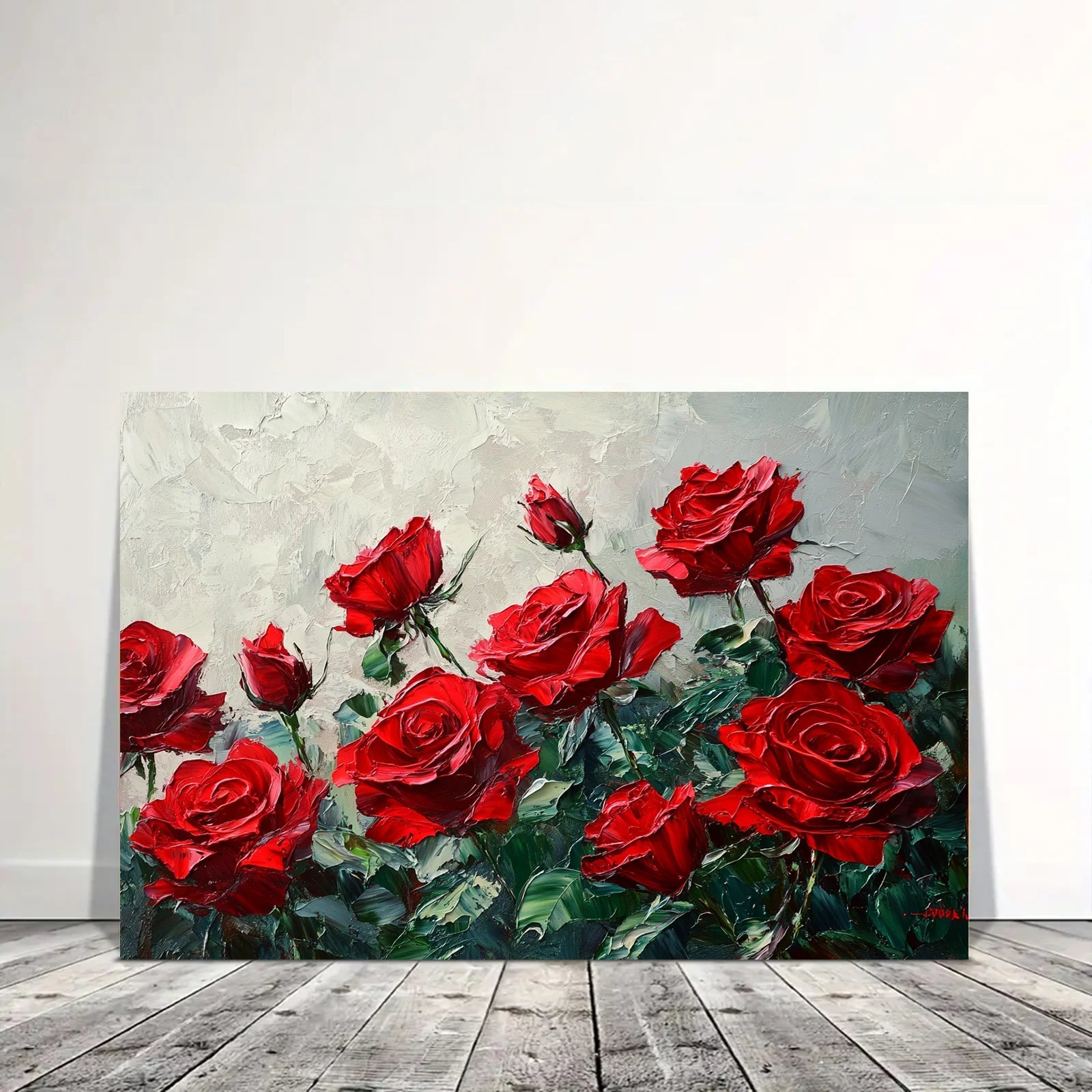 AI generated red rose artwork depicting vibrant red roses with lush green leaves on textured background