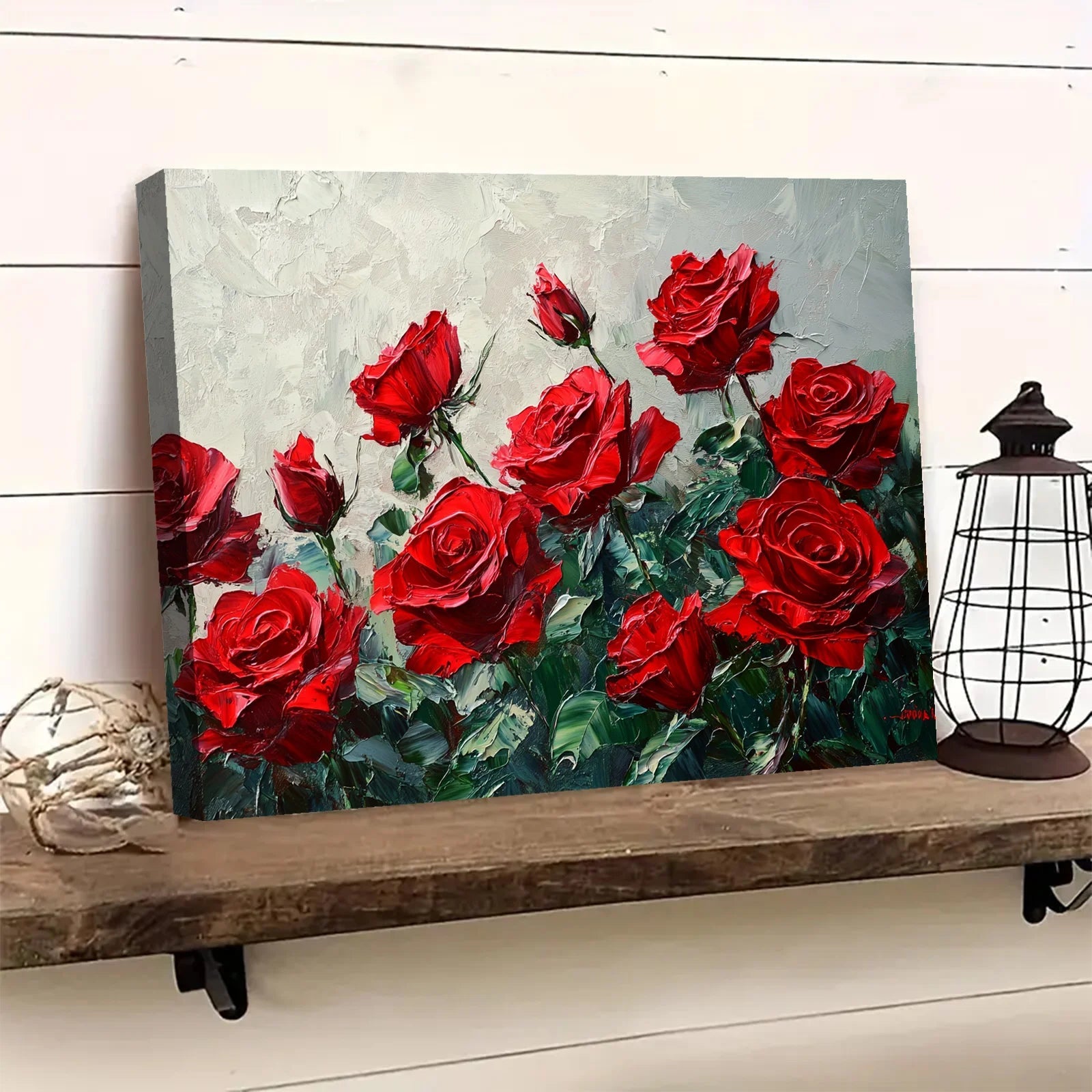 AI generated red rose artwork displayed on a wooden shelf with decorative items around