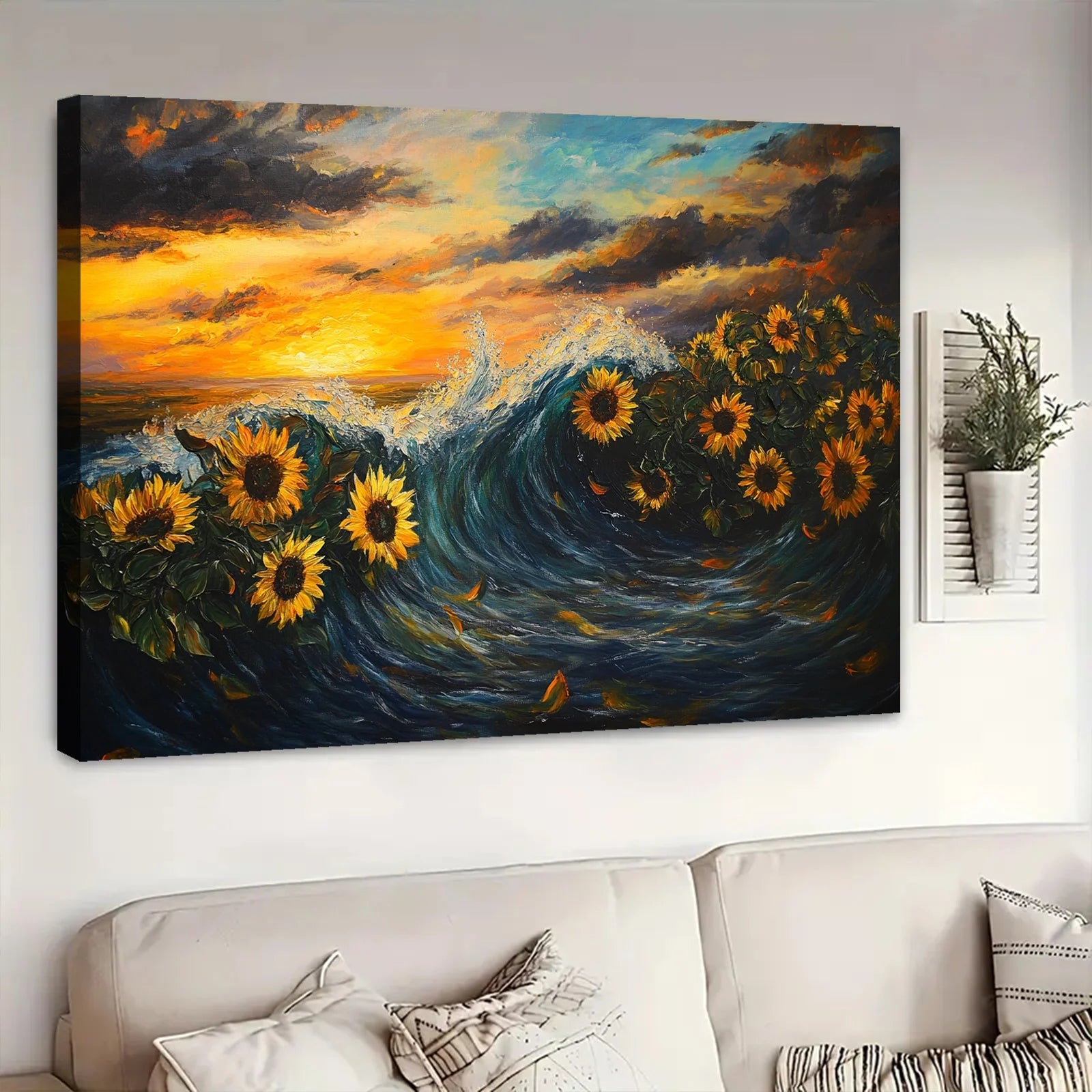 AI generated sunflower wall art depicting sunflowers emerging from ocean waves at sunset