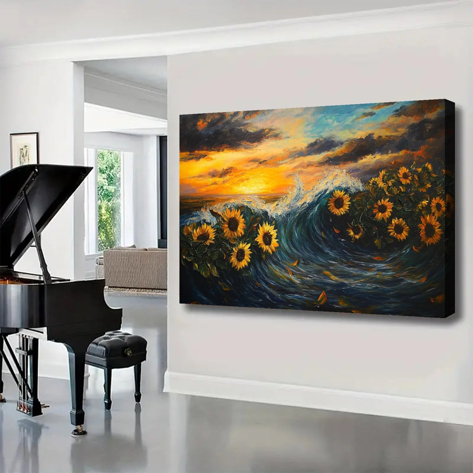 AI generated sunflower wall art featuring sunflowers in ocean waves at sunset hanging in modern living room