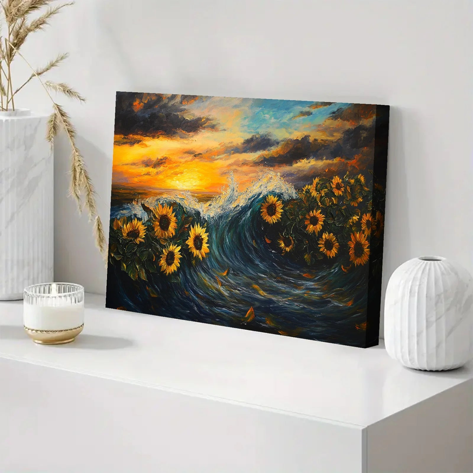AI generated sunflower wall art featuring a dynamic ocean wave with vibrant sunflowers under a colorful sunset sky