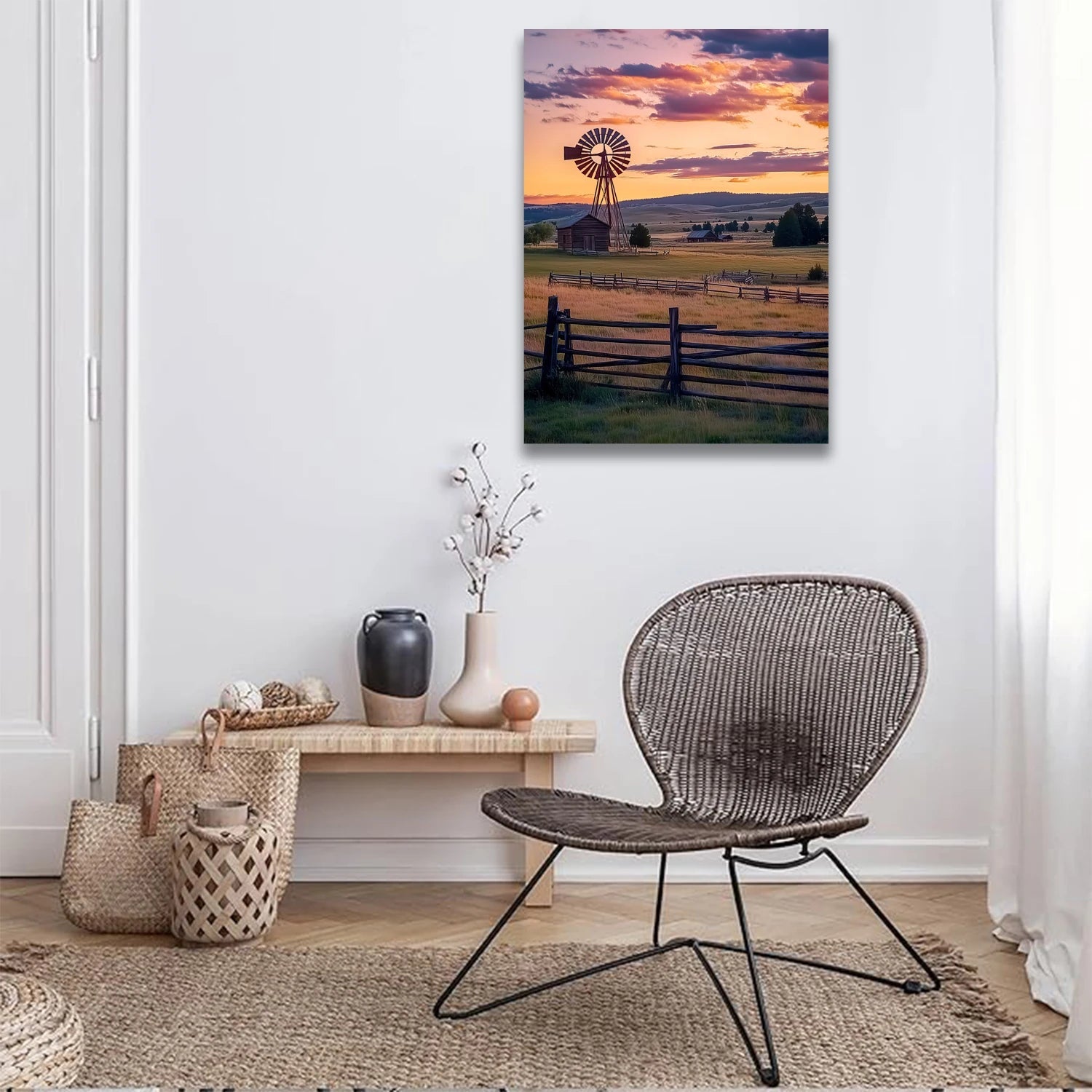 AI generated sunset wall art featuring a windmill over a rural field with a dramatic colorful sky
