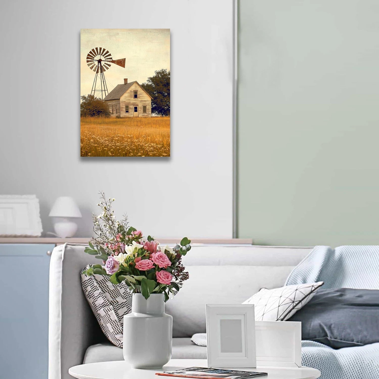 Farmhouse windmill wall art depicting rustic old house and windmill in a vintage countryside scene