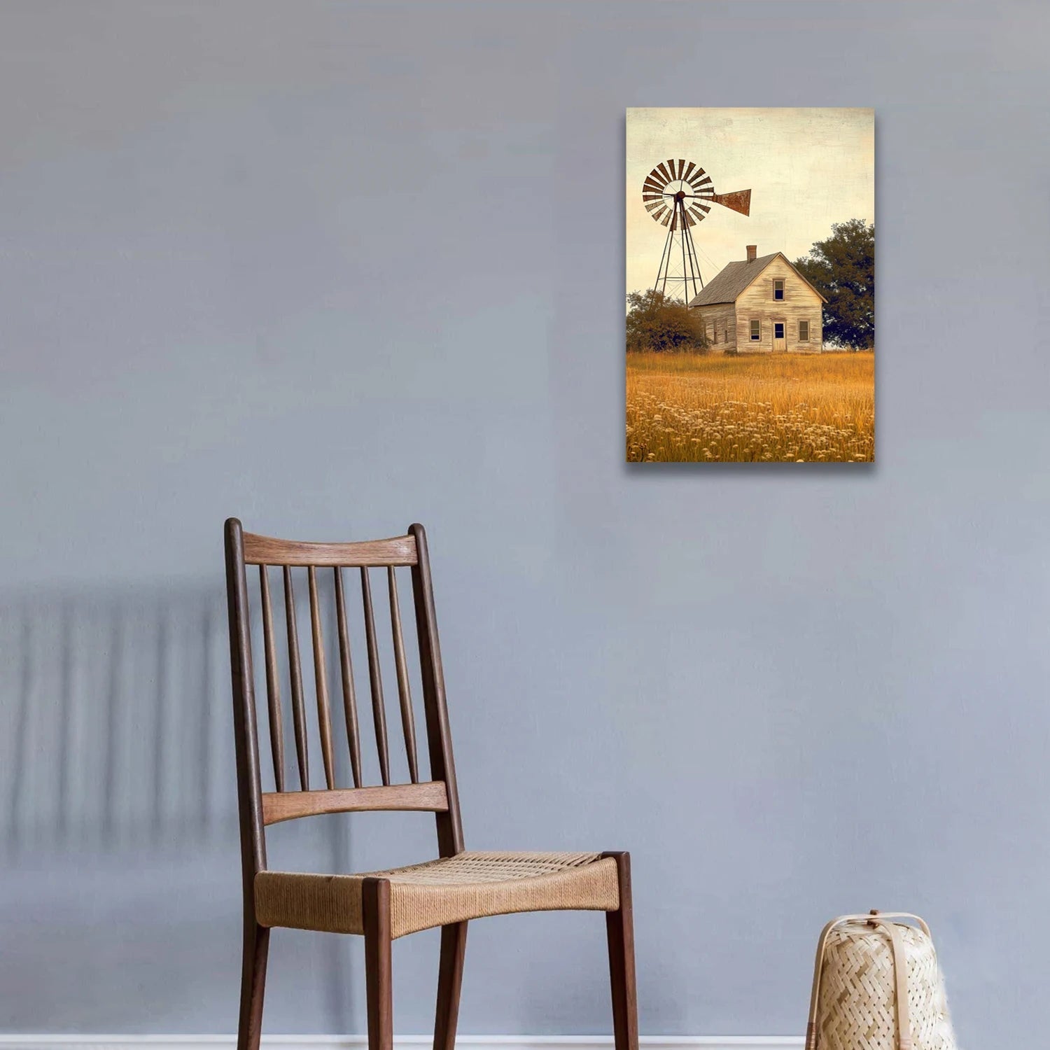 Farmhouse windmill wall art featuring a rustic windmill and farmhouse in a field with muted earthy tones