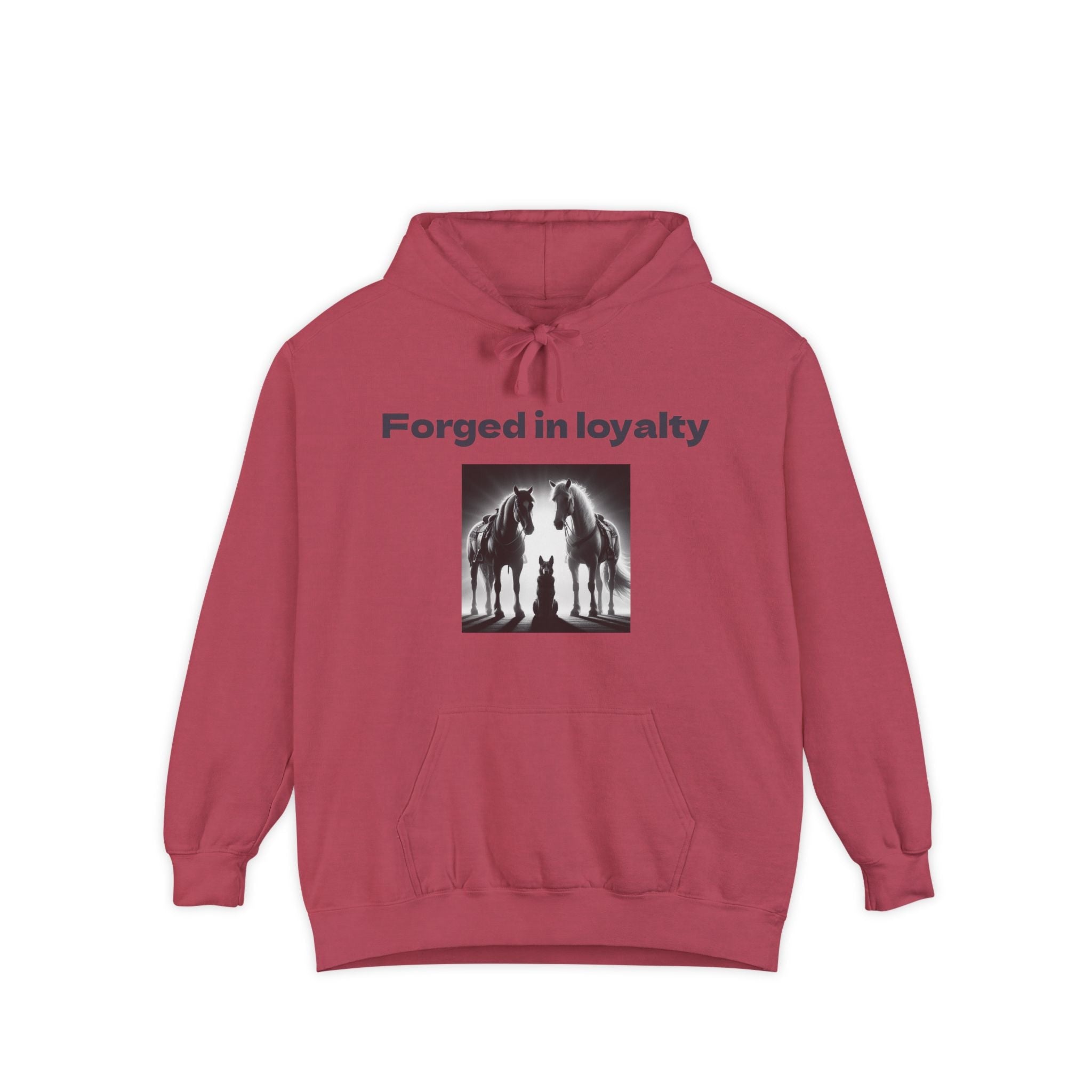 Red hoodie with Forged in Loyalty hoodie text and black and white horse and dog graphic on front