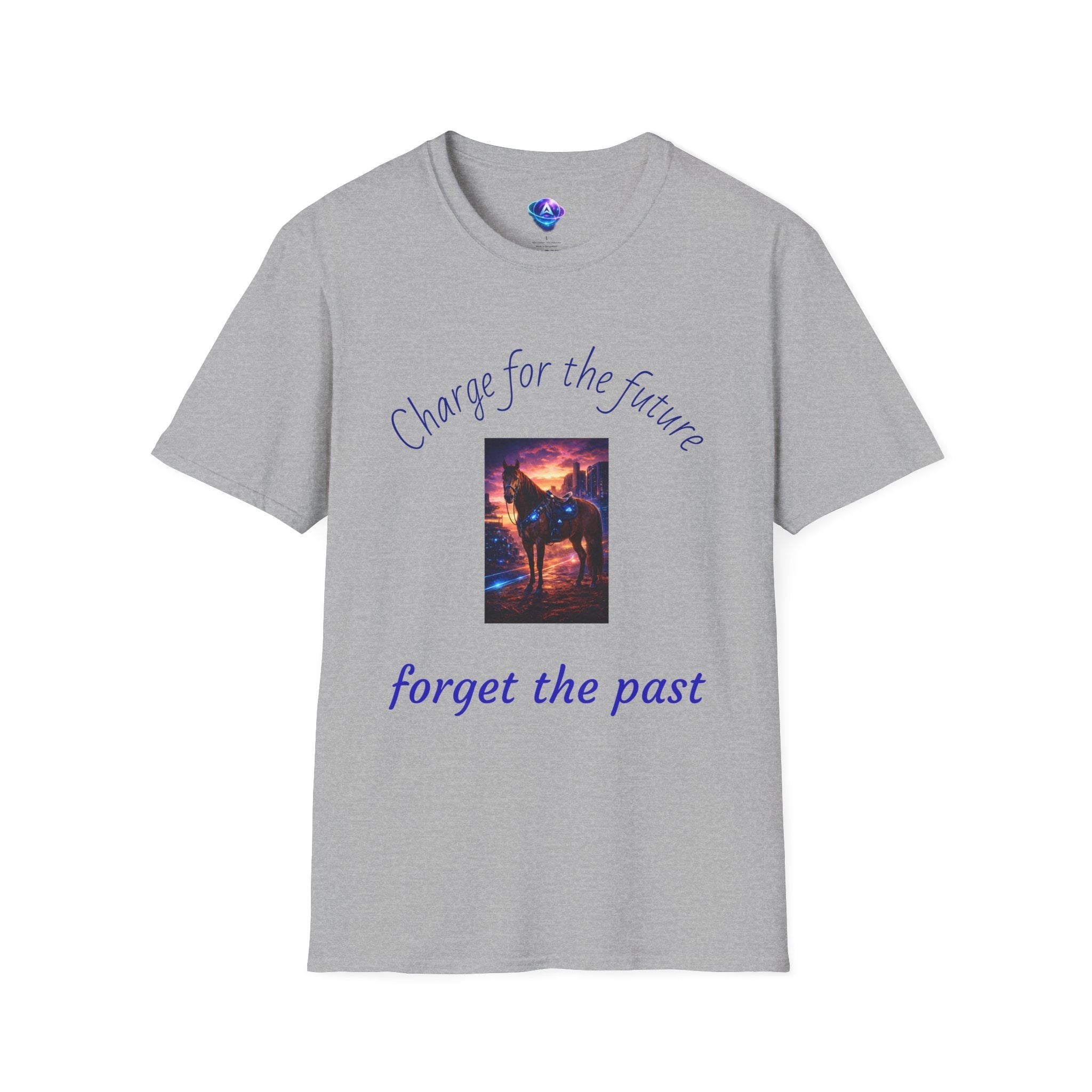 Printify gray motivational horse t-shirt with Charge for the future forget the past design