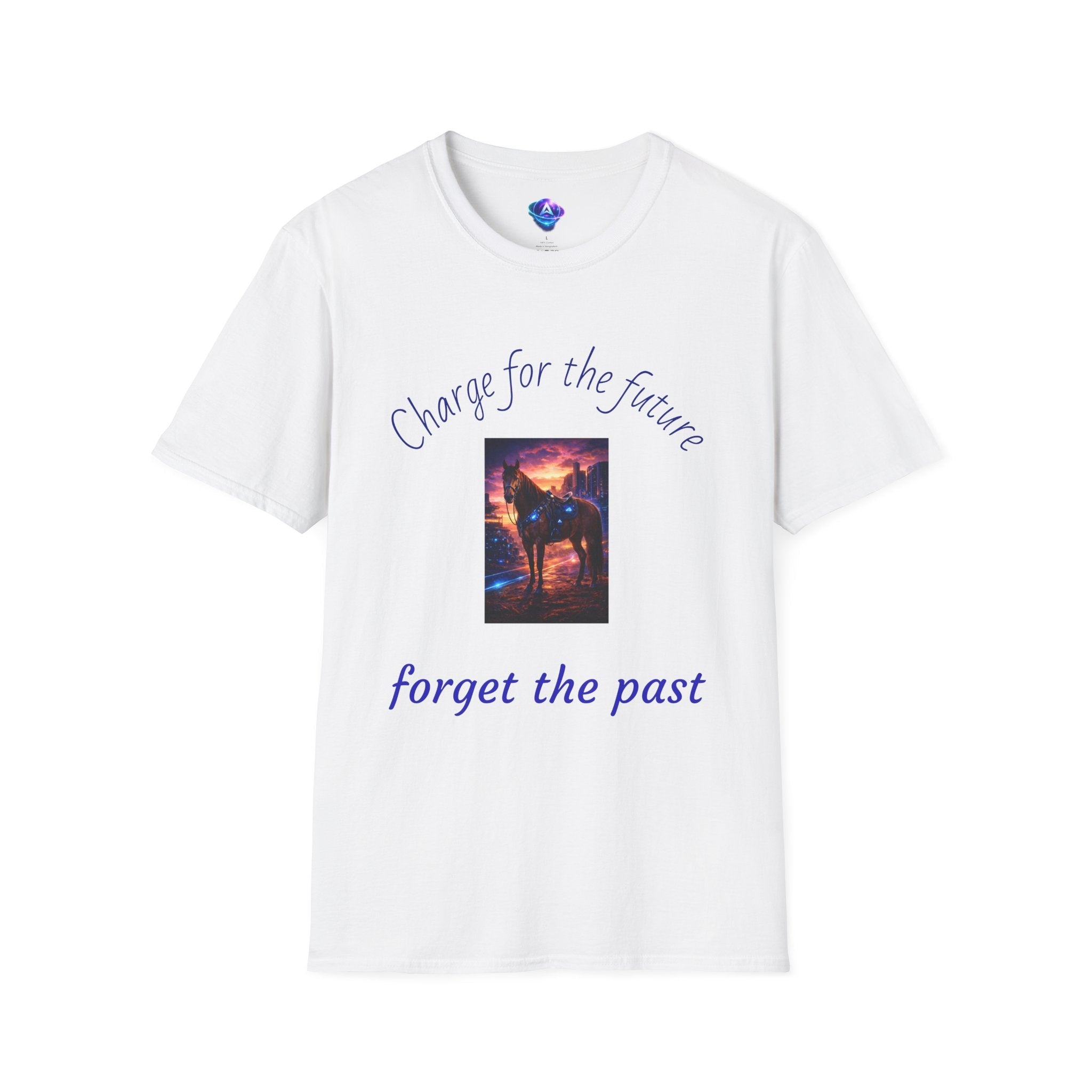White motivational horse t-shirt with Charge for the future forget the past text and horse image