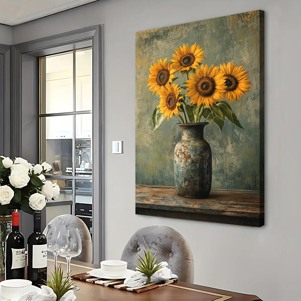 Rustic sunflower wall art featuring bright sunflowers in a vintage vase on textured background