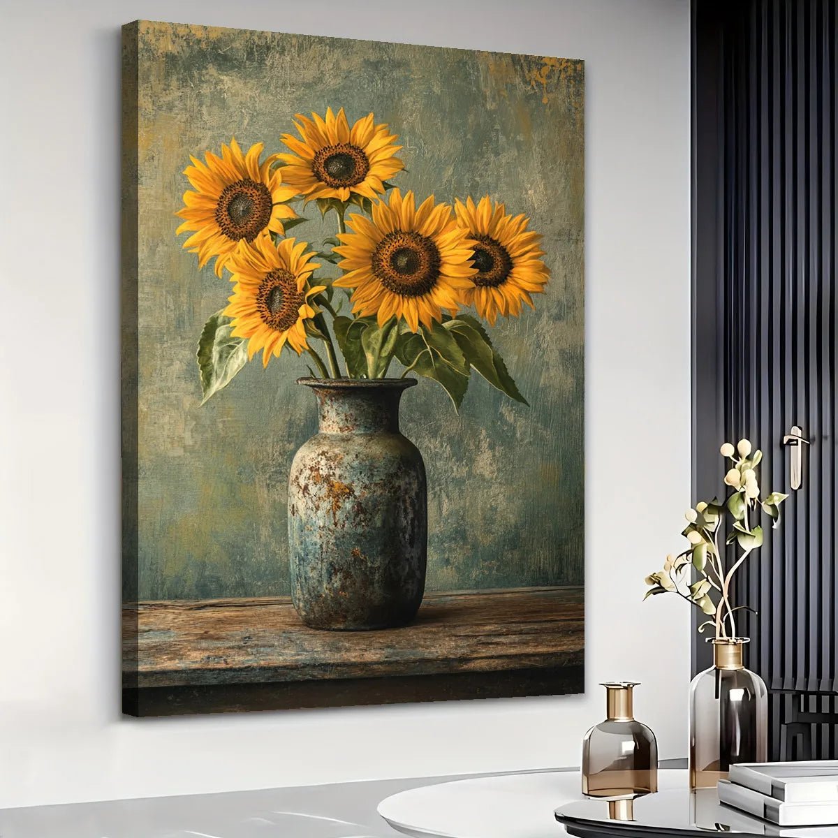 Rustic sunflower wall art featuring bright sunflowers in a vintage vase on textured background