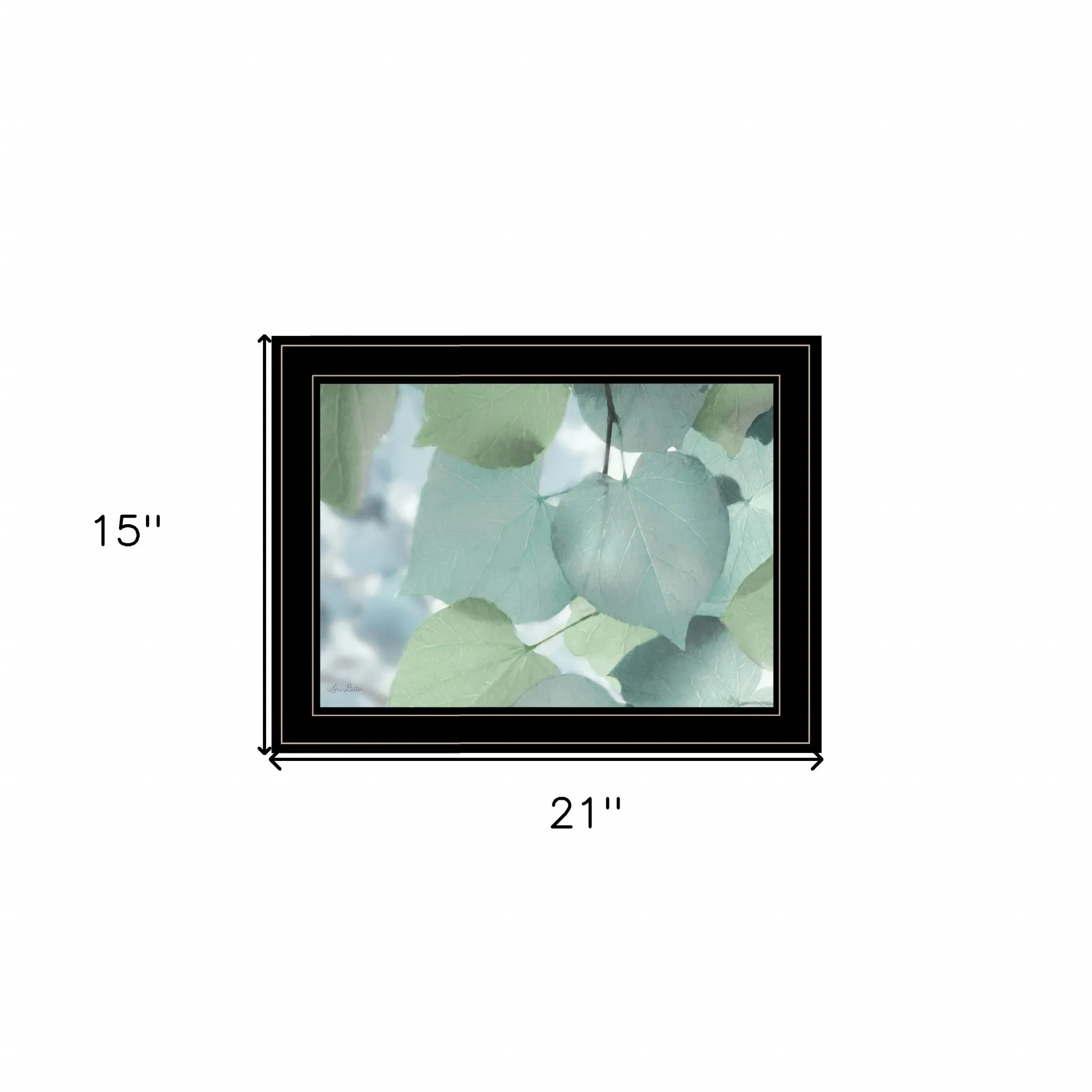 AI generated leaf wall art framed print with soft green leaves measuring 21 by 15 inches