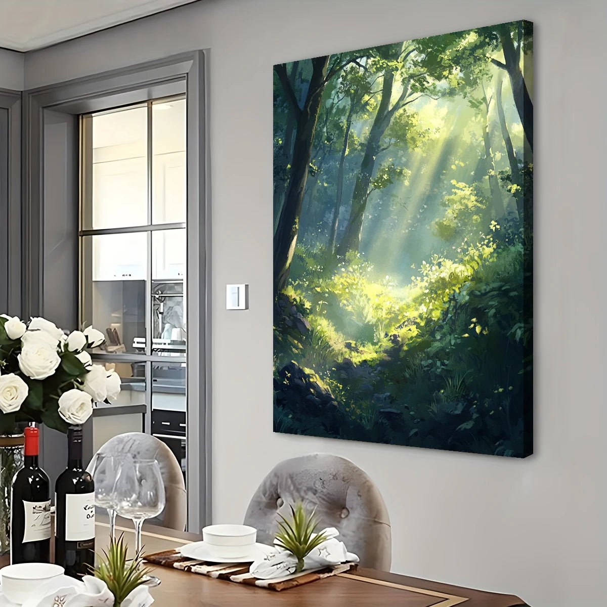 Sunlit jungle wall art featuring sunlight filtering through dense green trees in a forest