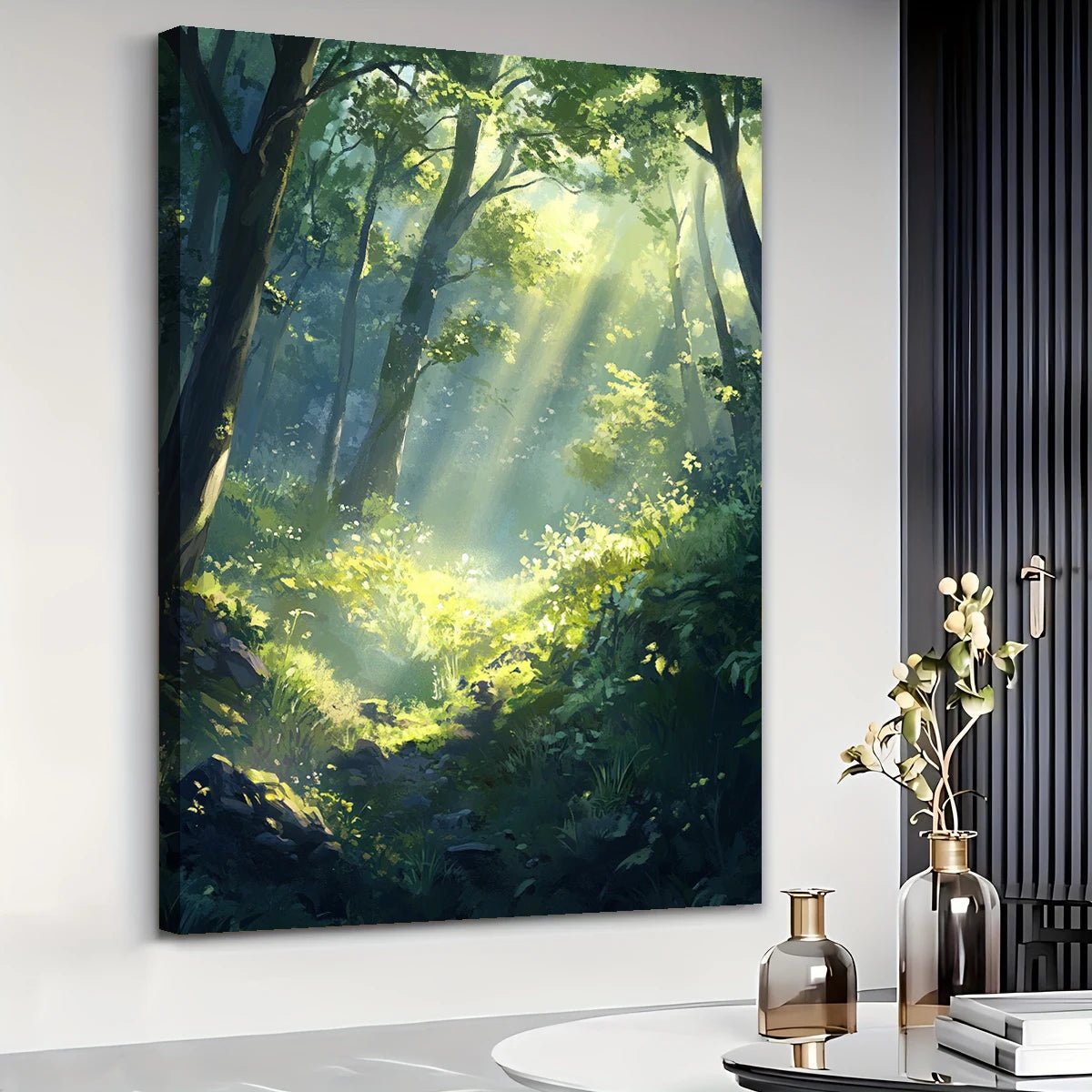Sunlit jungle wall art featuring rays of sunlight streaming through dense green forest trees