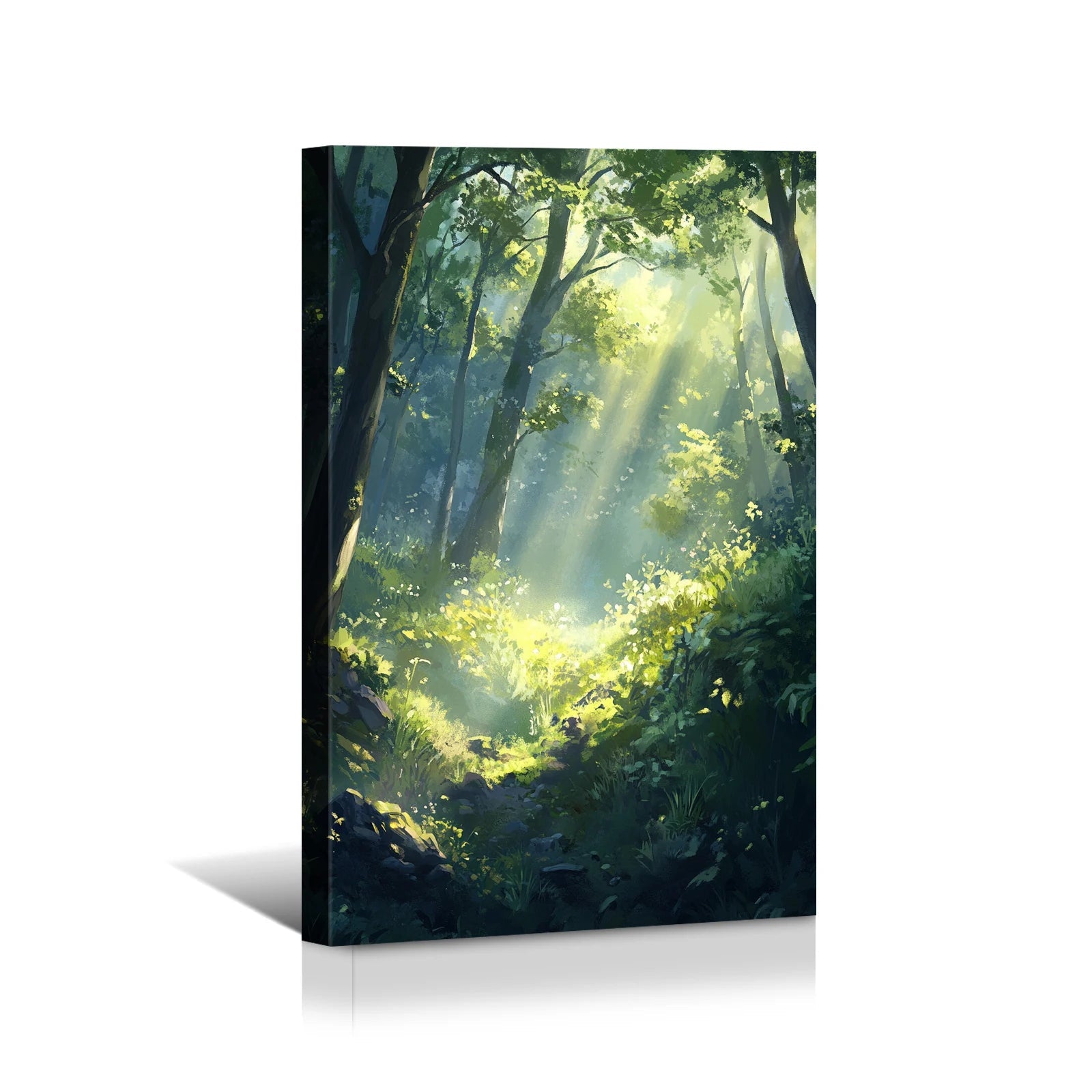 Sunlit jungle wall art with bright sunlight streaming through dense forest trees and lush greenery