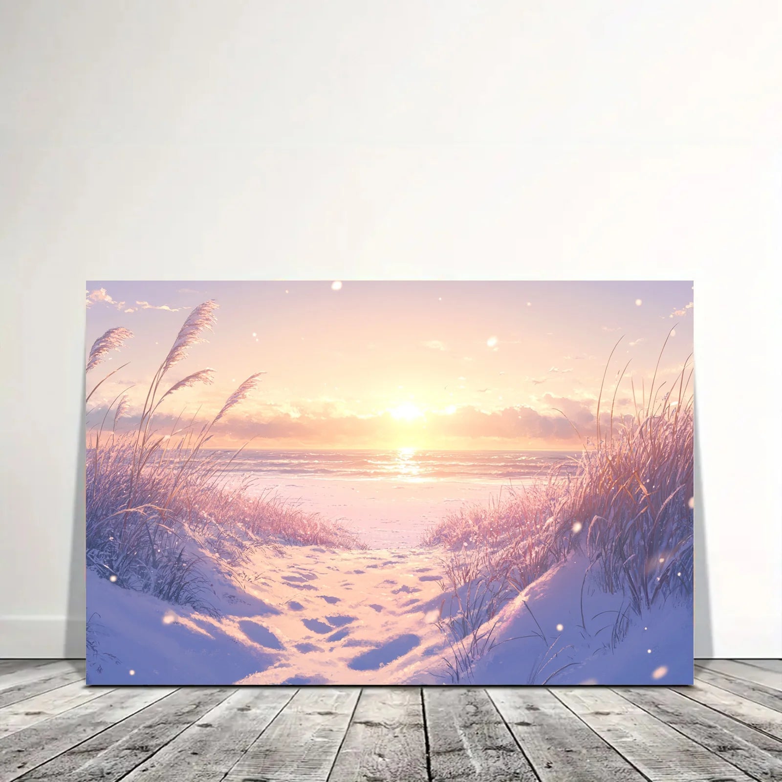 Winter beach digital art showing a snowy sandy path leading to a calm ocean at sunrise
