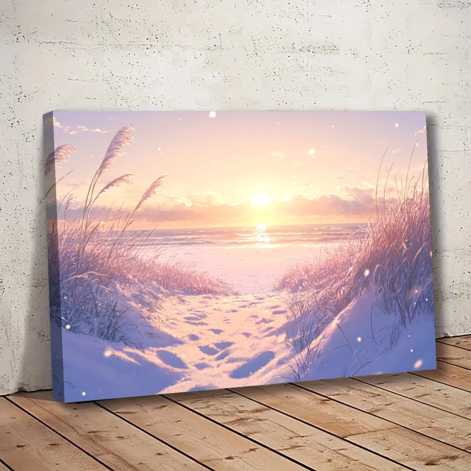 Winter beach digital art showing snowy sand dunes and a sunrise over the ocean with tall grass