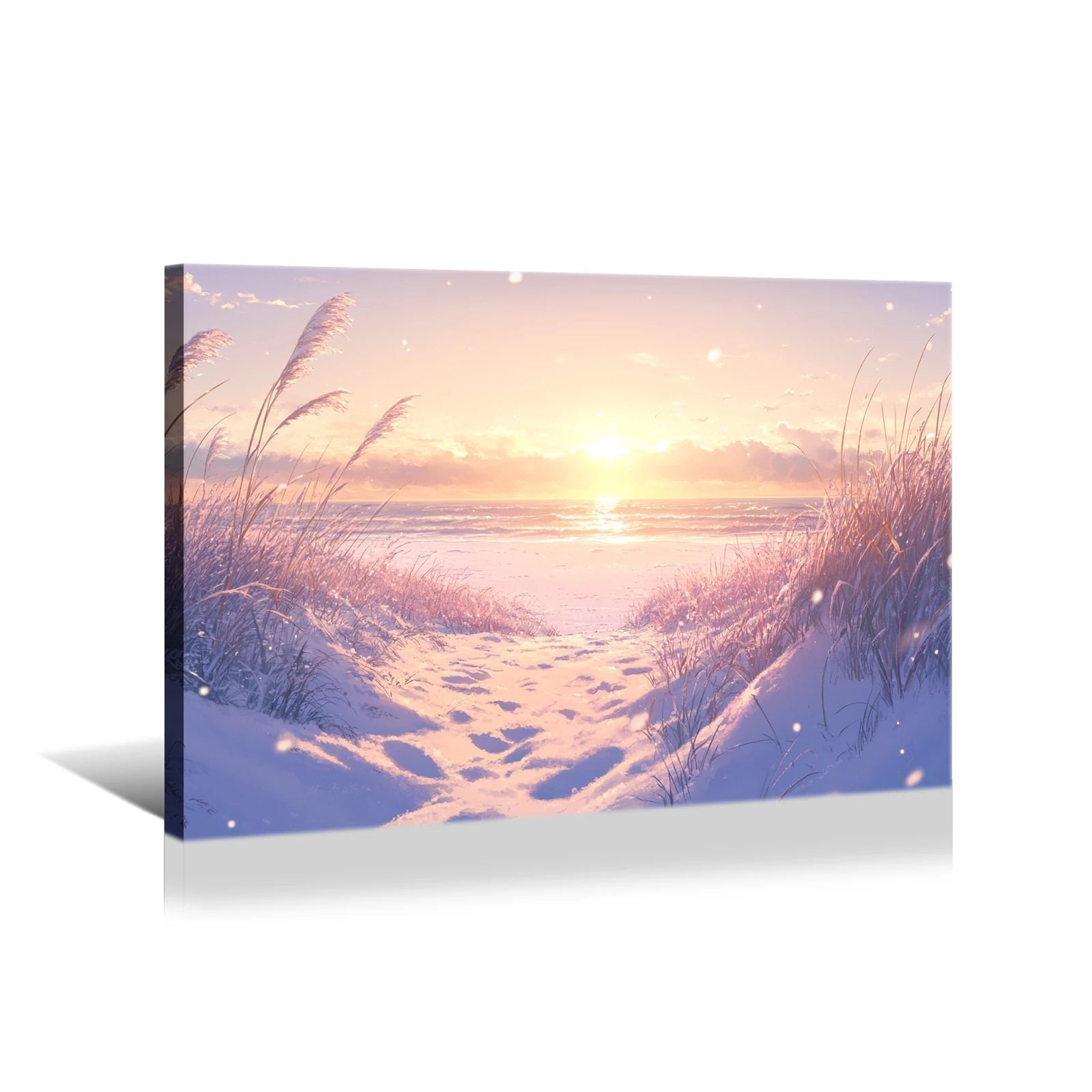 Winter beach digital art showing a snowy shore with grasses and a glowing sunset over the ocean