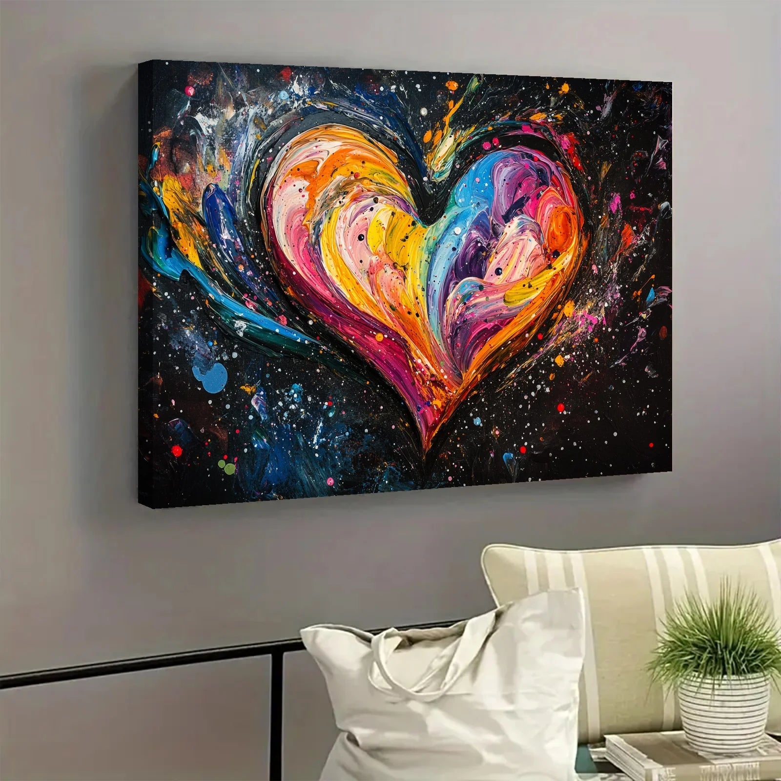 AI generated colorful heart art painting on canvas with vibrant swirling colors on dark background