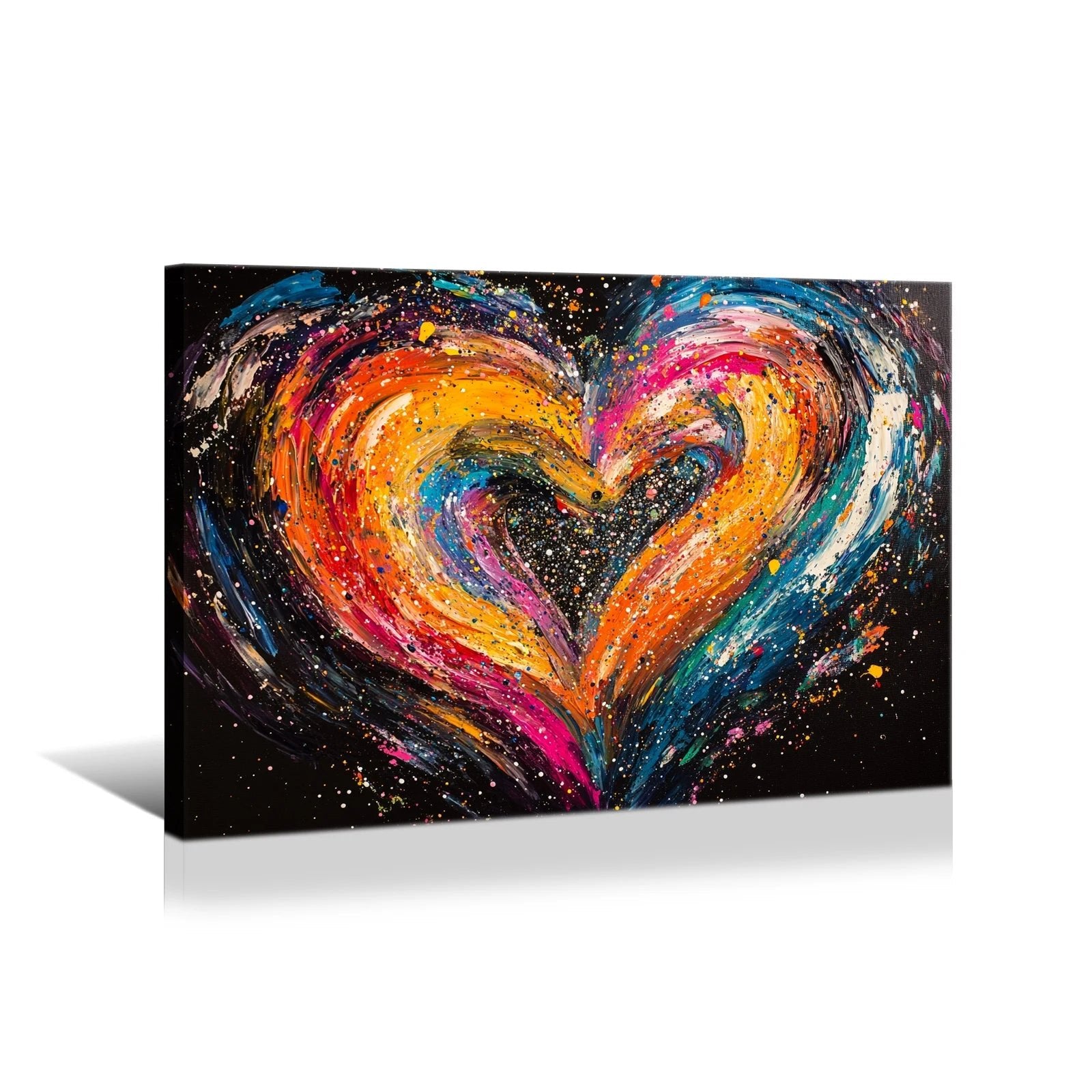 Colorful AI generated heart artwork with vibrant splashes of orange, pink, blue, and yellow on black background