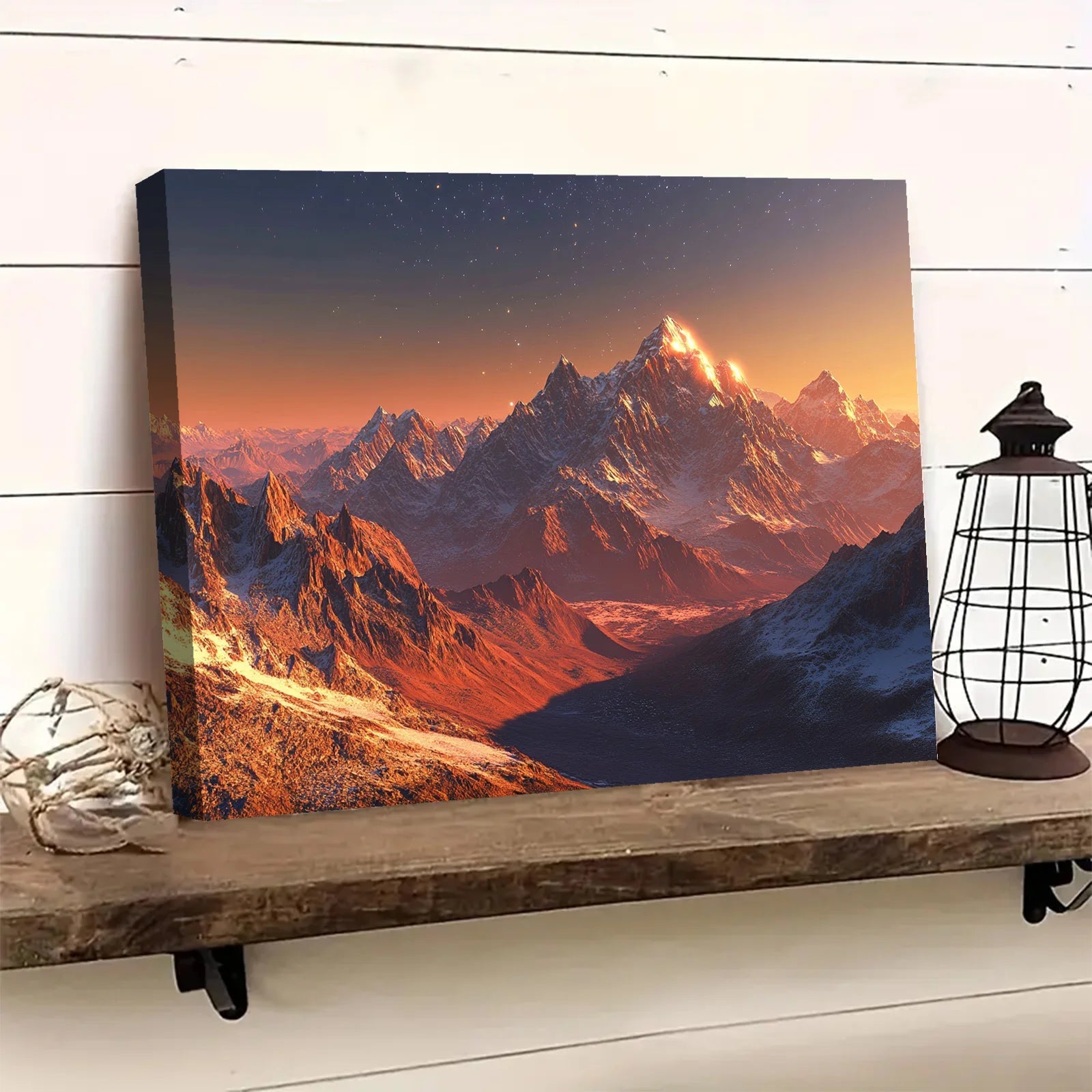 AI generated mountain sunset wall art featuring vibrant orange and purple hues on a rugged mountain landscape