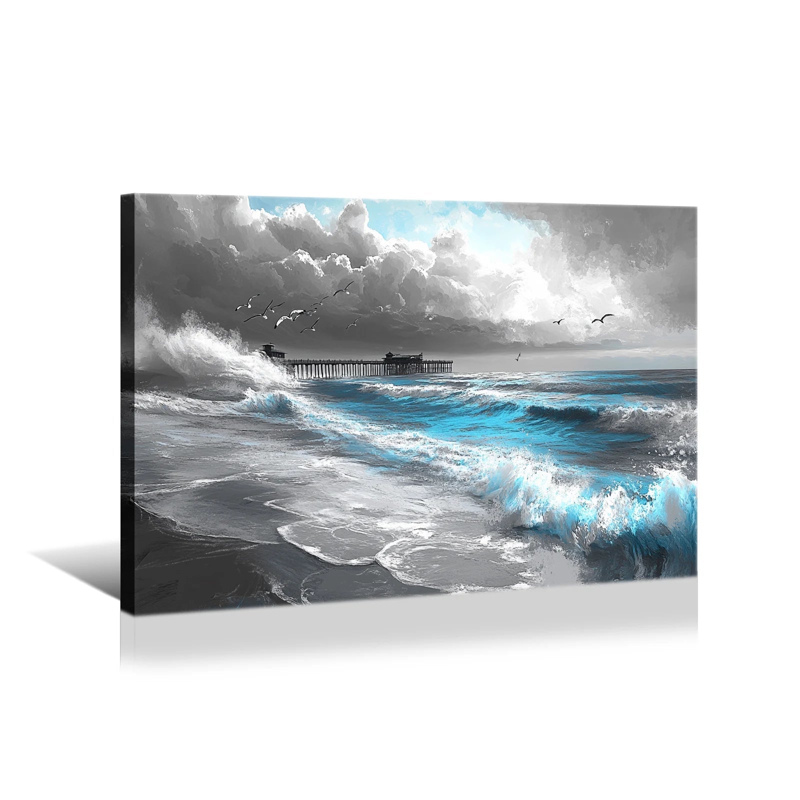 AI-generated ocean artwork featuring dramatic waves and a pier under a cloudy sky