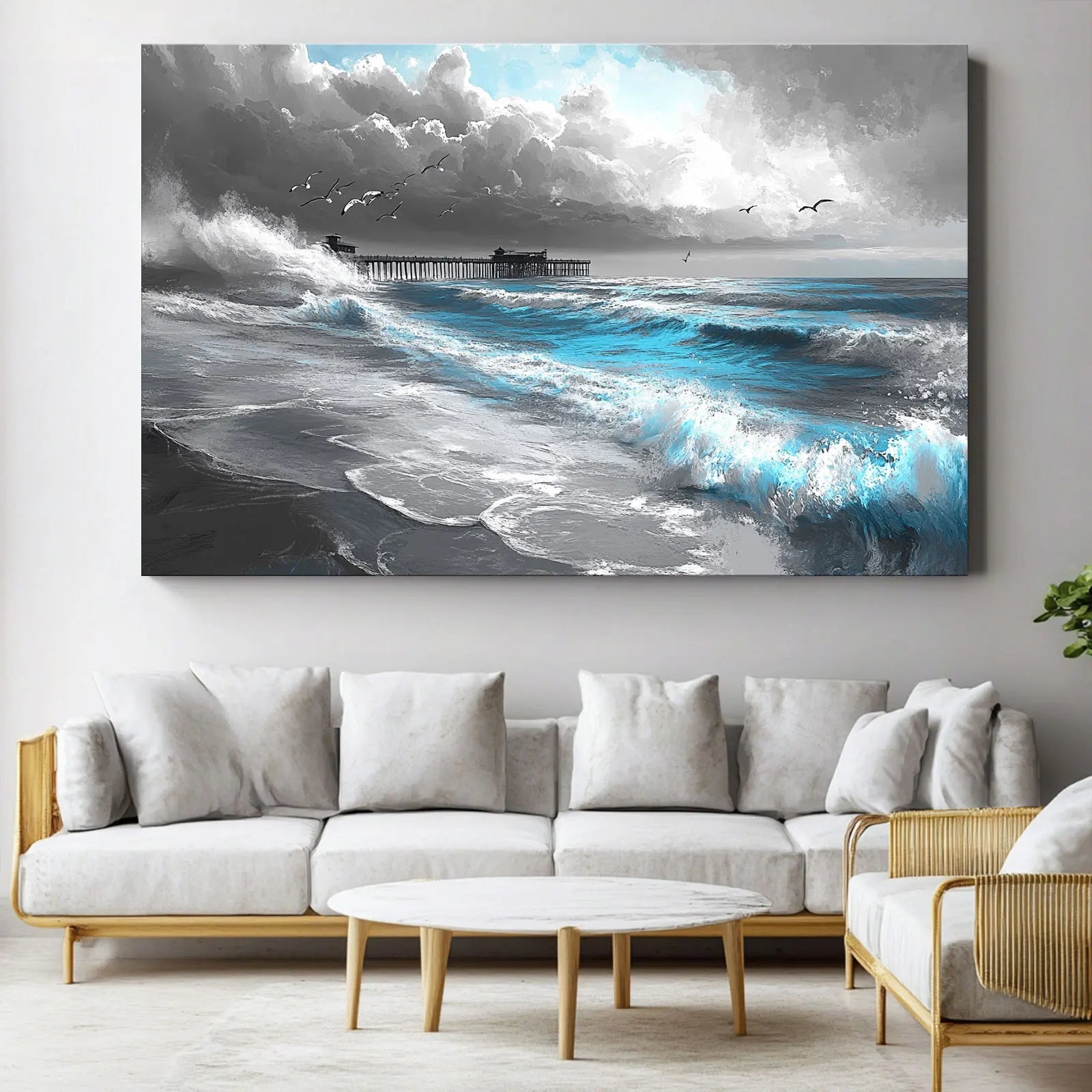 AI-generated ocean artwork featuring vivid blue waves crashing near a pier under dramatic cloudy skies