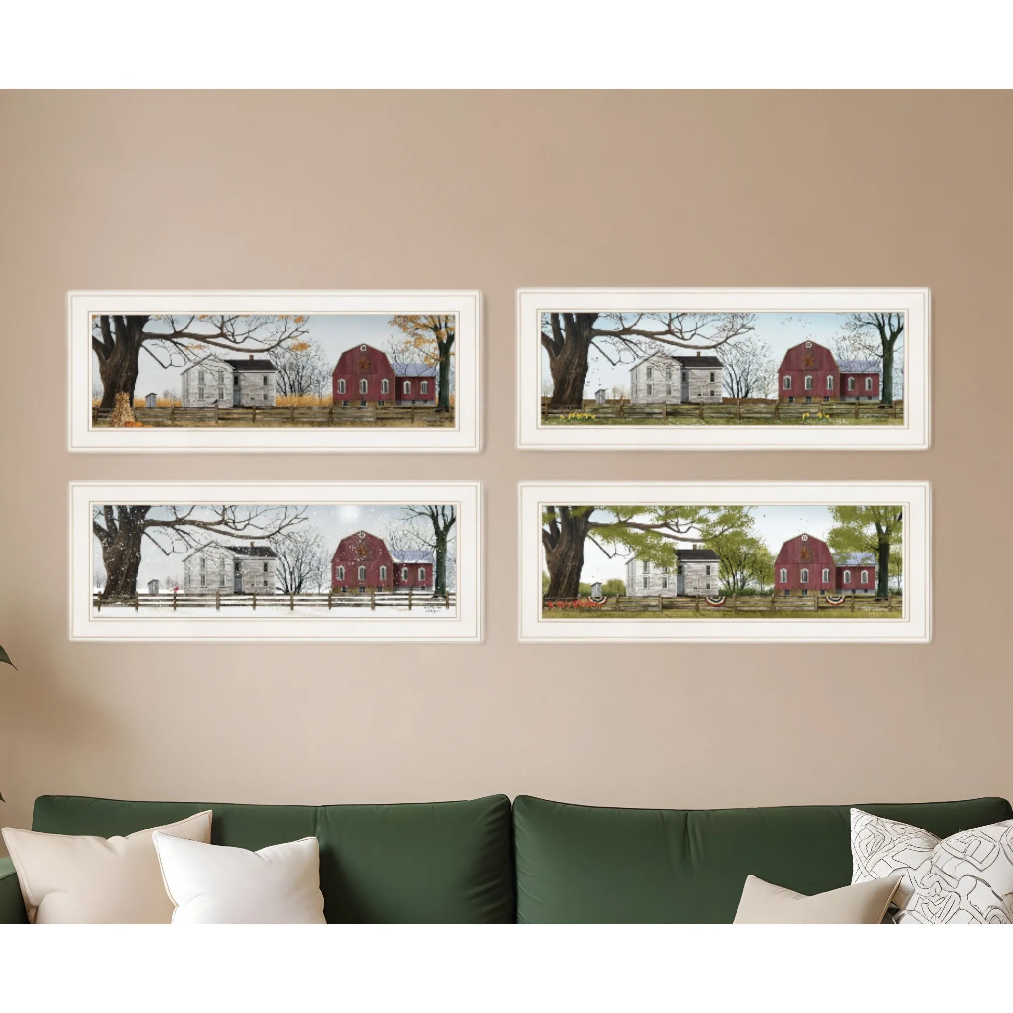 Set of four AI generated ranch wall art prints featuring rustic barn and countryside scenes in white frames