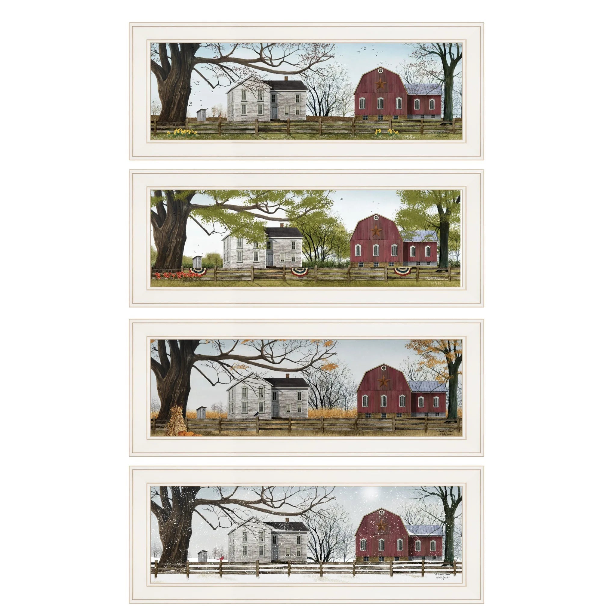 Set of four framed AI generated ranch wall art prints depicting a white farmhouse and red barn in different seasons