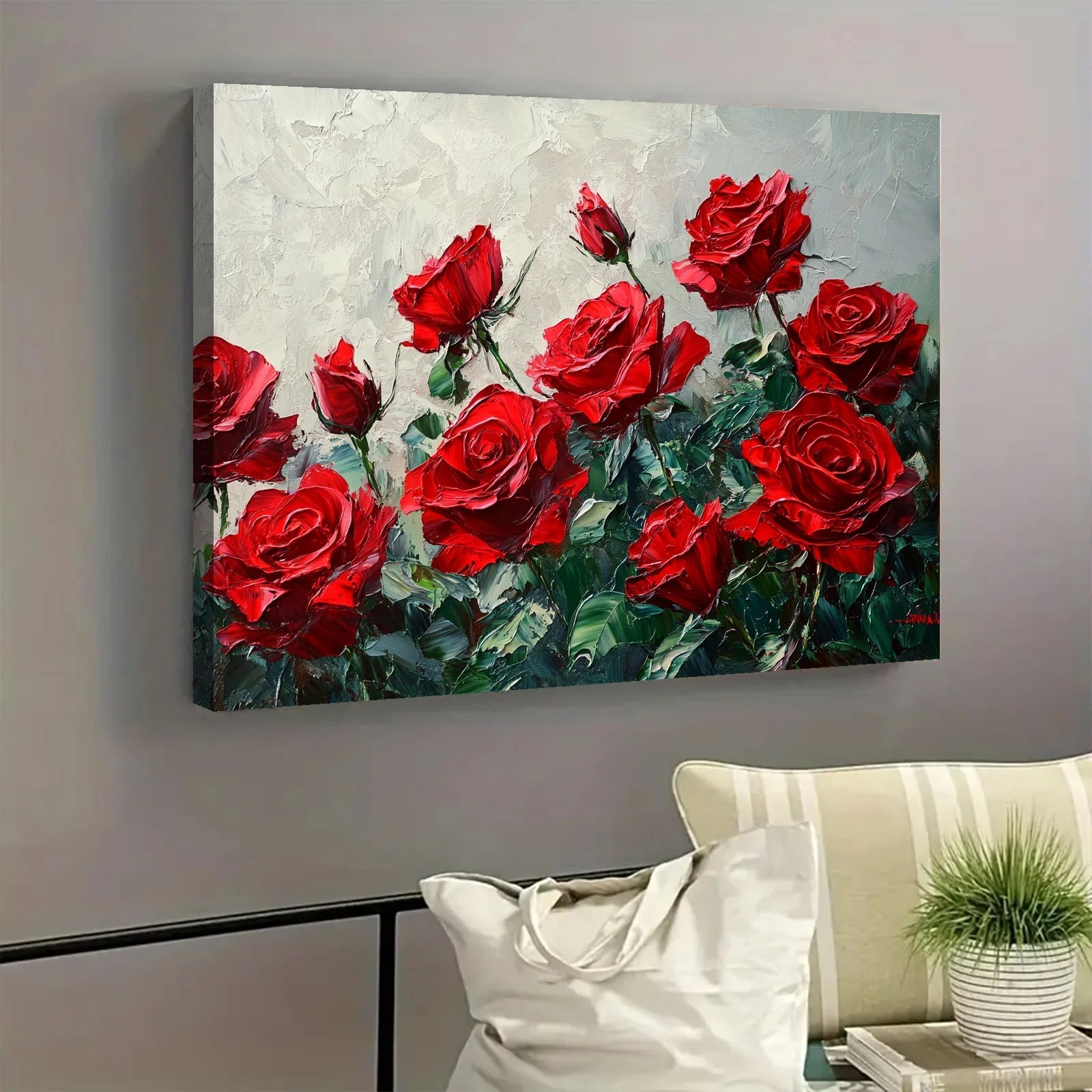 AI generated red rose artwork depicting a vibrant bouquet of red roses on canvas hanging above a couch