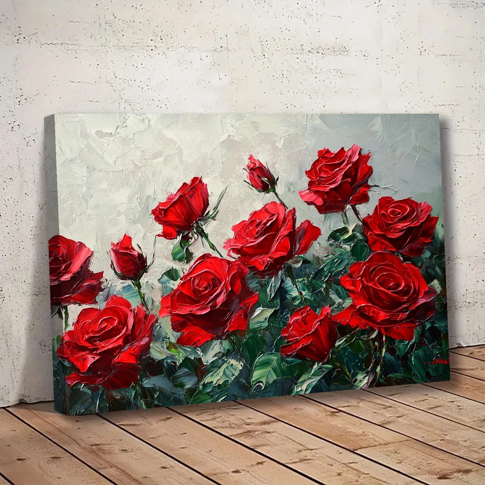 AI generated red rose artwork featuring vibrant red roses with green leaves on a textured background