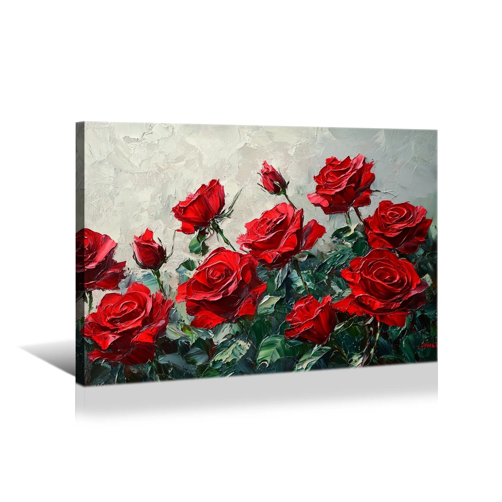 AI generated red rose artwork showcasing vibrant red roses with green leaves on textured background