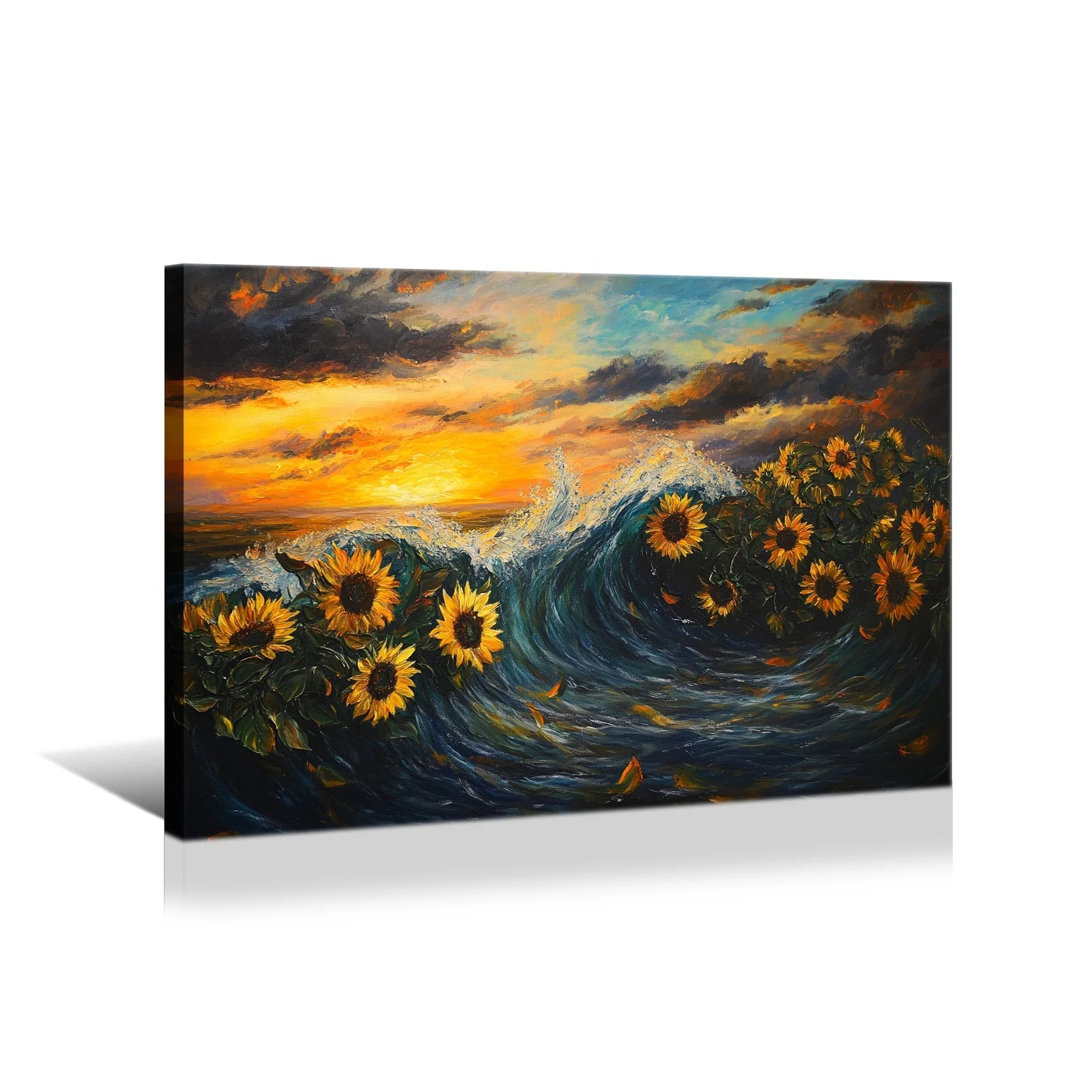 AI generated sunflower wall art featuring sunflowers in ocean waves at sunset on canvas