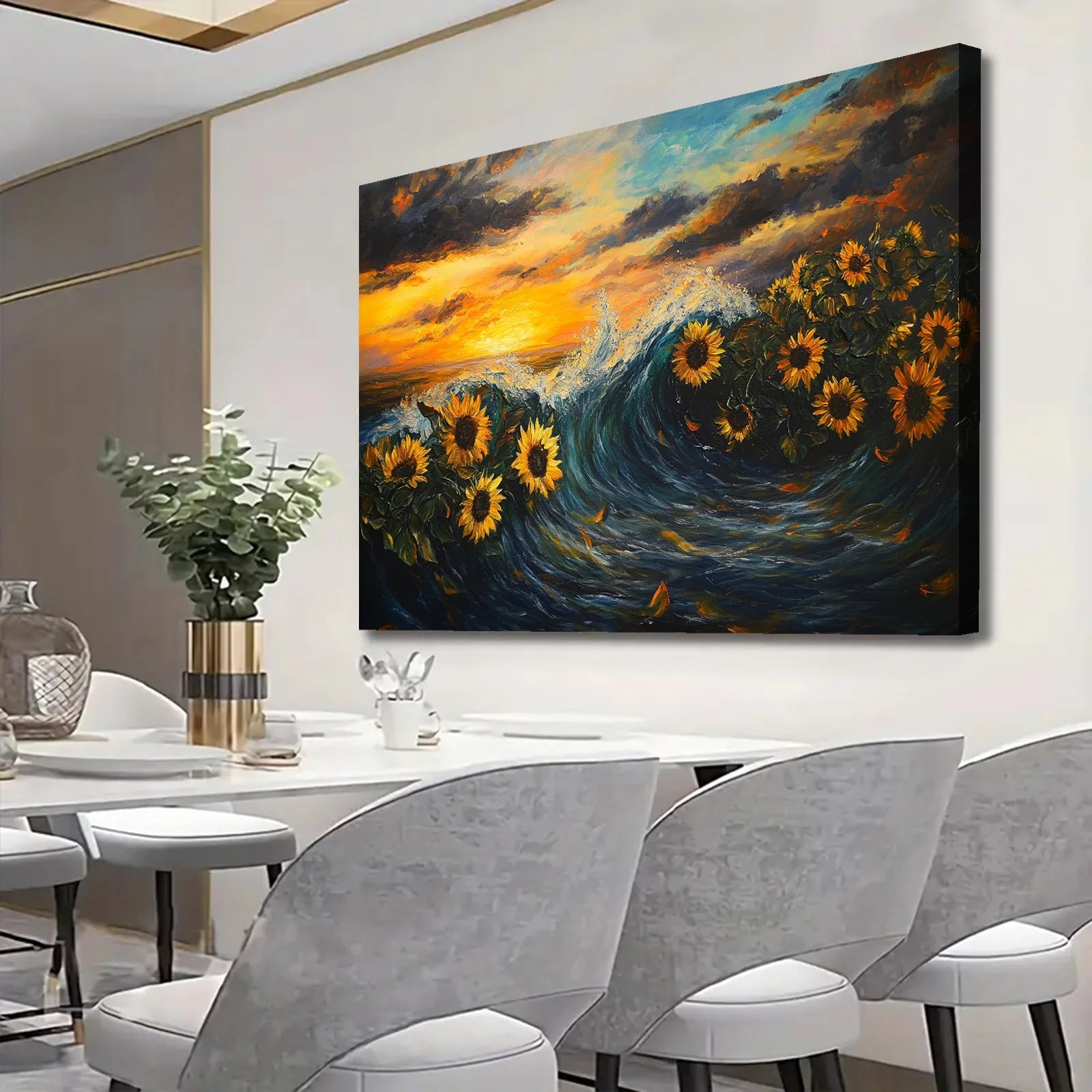 AI generated sunflower wall art featuring vibrant sunflowers with ocean waves and dramatic sunset sky